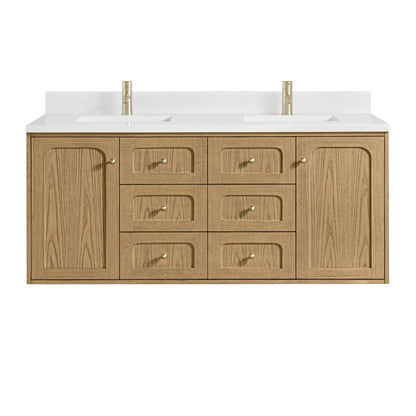 James Martin Vanities Laurent 60" Light Natural Oak Double Vanity With Single Hole 3cm White Zeus Quartz Top and Backsplash