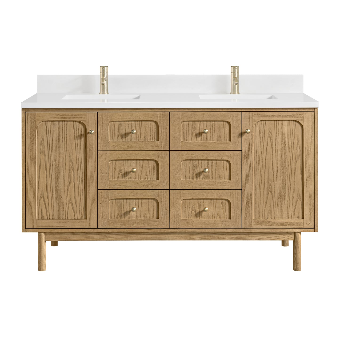 James Martin Vanities Laurent 60" Light Natural Oak Double Vanity With Single Hole 3cm White Zeus Quartz Top and Backsplash