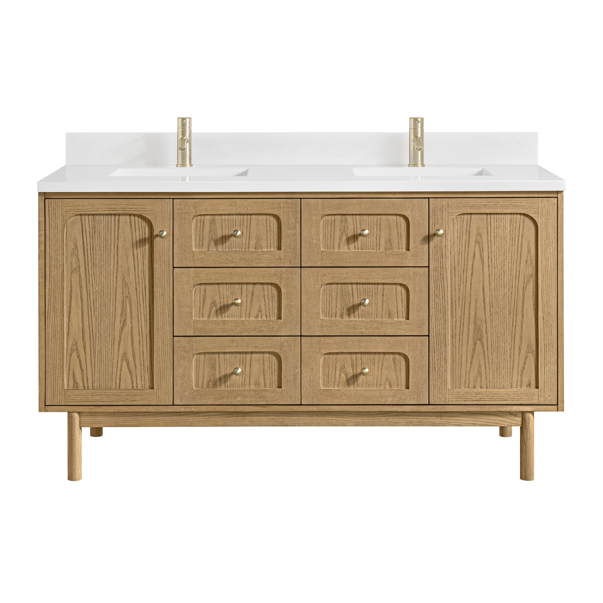 James Martin Vanities Laurent 60" Light Natural Oak Double Vanity With Single Hole 3cm White Zeus Quartz Top and Backsplash