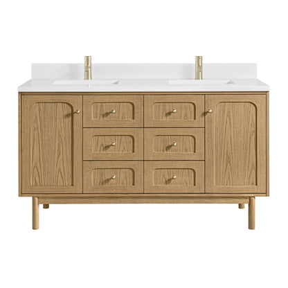 James Martin Vanities Laurent 60" Light Natural Oak Double Vanity With Single Hole 3cm White Zeus Quartz Top and Backsplash