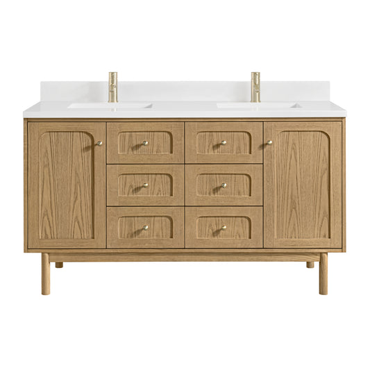 James Martin Vanities Laurent 60" Light Natural Oak Double Vanity With Single Hole 3cm White Zeus Quartz Top and Backsplash