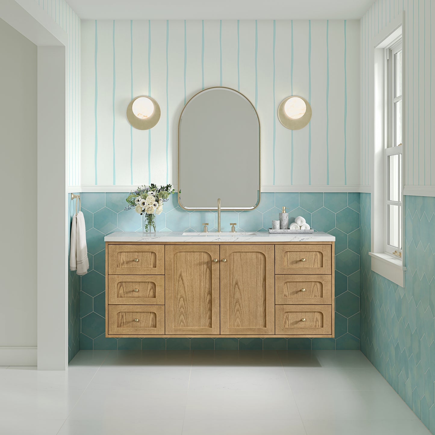 James Martin Vanities Laurent 60" Light Natural Oak Single Vanity With 3 cm Ethereal Noctis Silestone Top and FreePower Wireless Charger