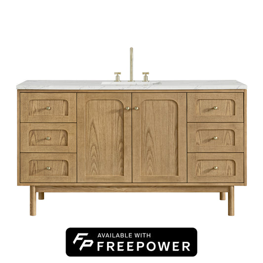 James Martin Vanities Laurent 60" Light Natural Oak Single Vanity With 3 cm Ethereal Noctis Silestone Top and FreePower Wireless Charger