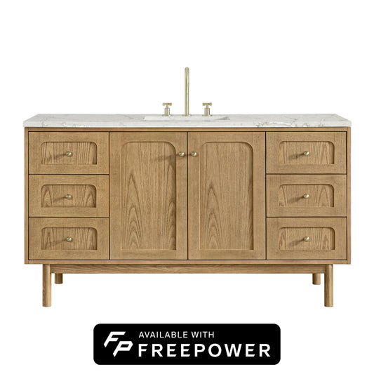 James Martin Vanities Laurent 60" Light Natural Oak Single Vanity With 3 cm Victorian Silver Silestone Top and FreePower Wireless Charger