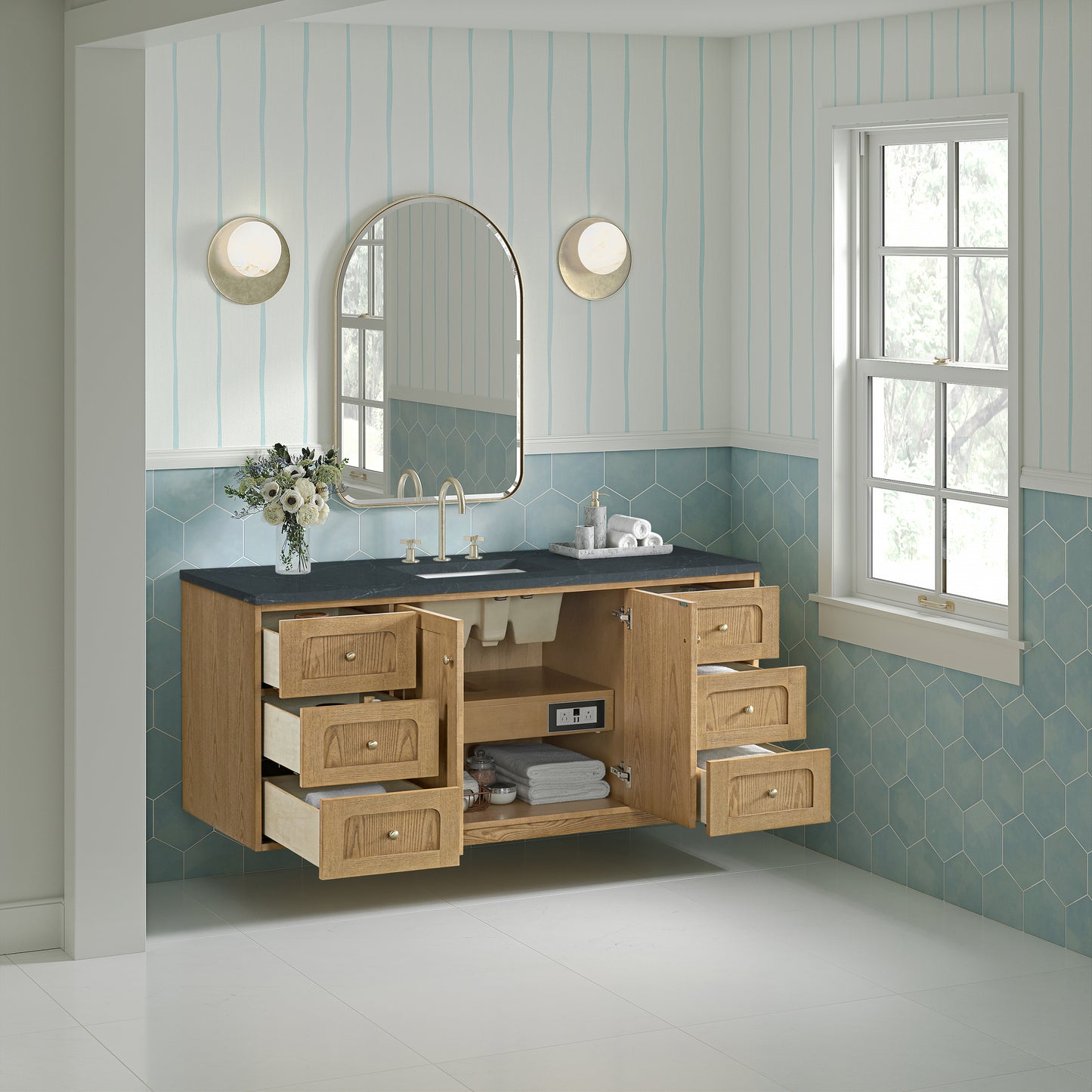 James Martin Vanities Laurent 60" Light Natural Oak Single Vanity With 3cm Charcoal Soapstone Quartz Top