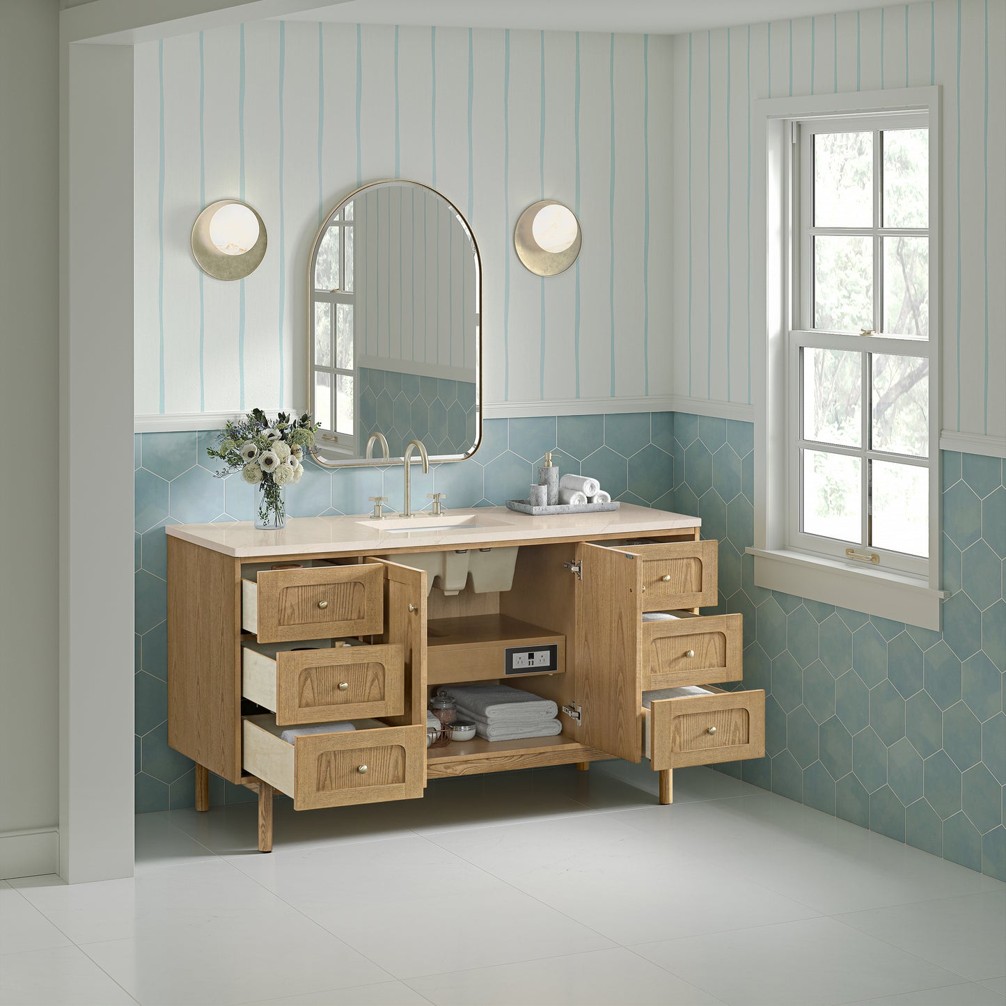 James Martin Vanities Laurent 60" Light Natural Oak Single Vanity With 3cm Eternal Marfil Quartz Top
