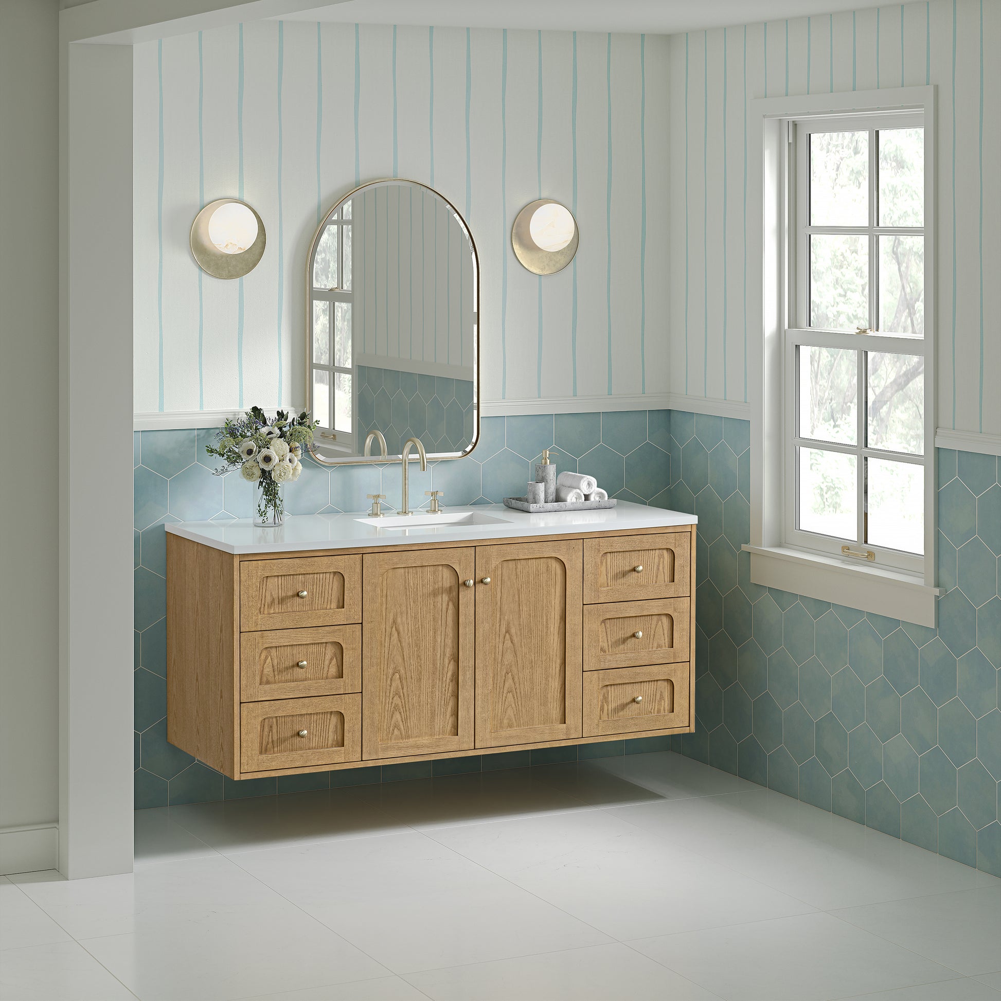 James Martin Vanities Laurent 60" Light Natural Oak Single Vanity With 3cm White Zeus Quartz Top