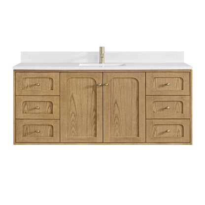 James Martin Vanities Laurent 60" Light Natural Oak Single Vanity With Single Hole 3cm White Zeus Quartz Top and Backsplash