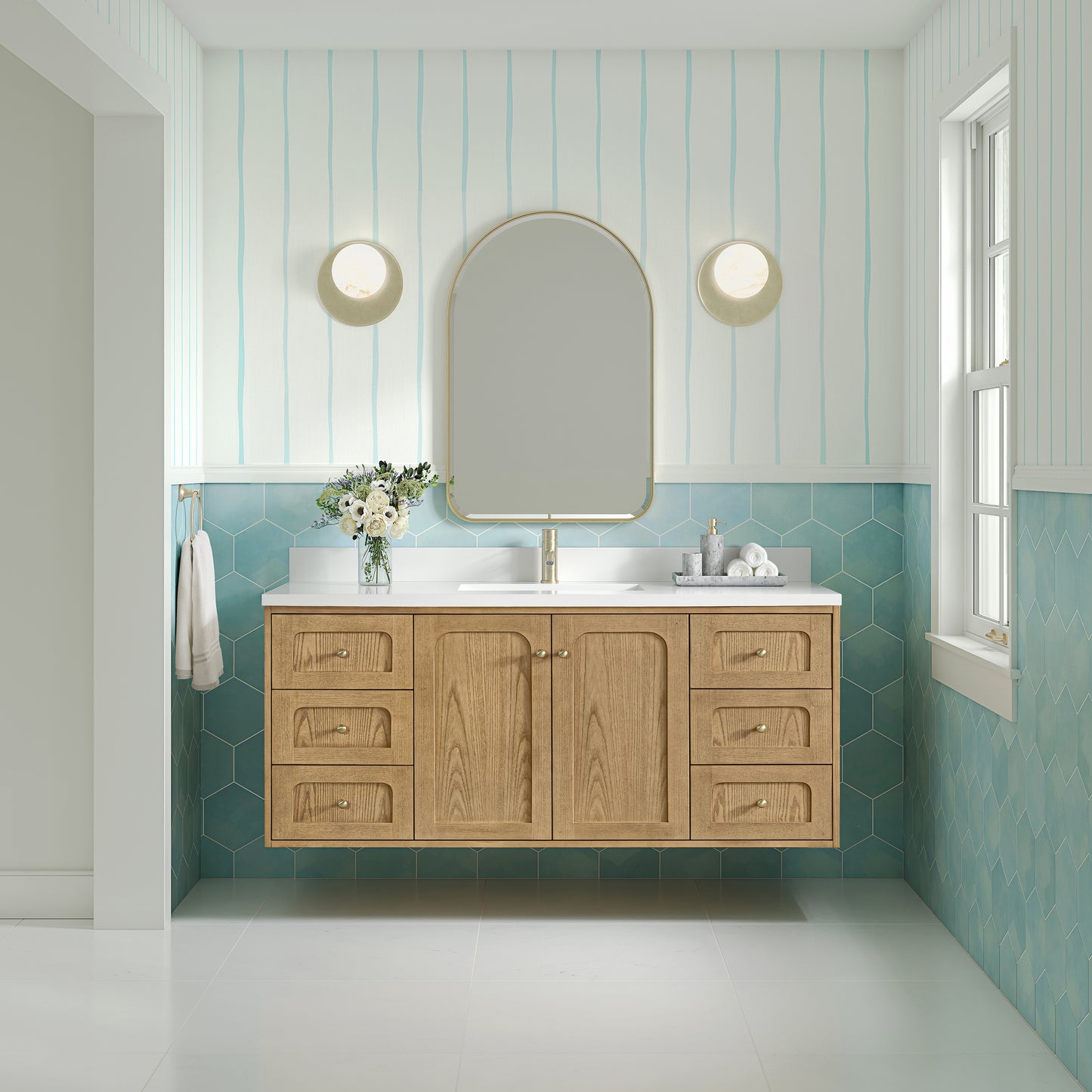 James Martin Vanities Laurent 60" Light Natural Oak Single Vanity With Single Hole 3cm White Zeus Quartz Top and Backsplash