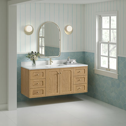 James Martin Vanities Laurent 60" Light Natural Oak Single Vanity With Single Hole 3cm White Zeus Quartz Top and Backsplash
