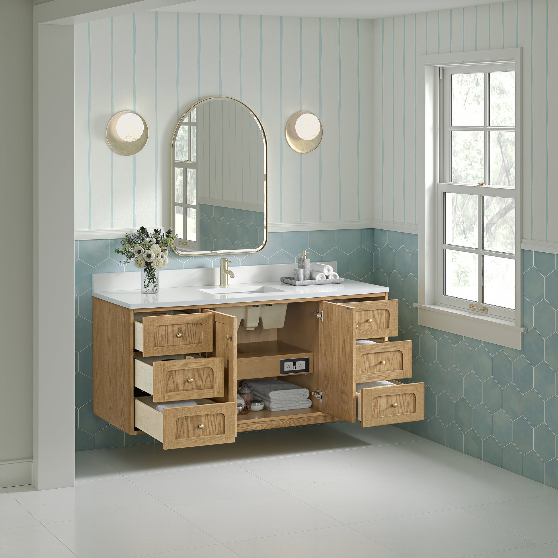 James Martin Vanities Laurent 60" Light Natural Oak Single Vanity With Single Hole 3cm White Zeus Quartz Top and Backsplash