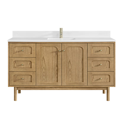 James Martin Vanities Laurent 60" Light Natural Oak Single Vanity With Single Hole 3cm White Zeus Quartz Top and Backsplash
