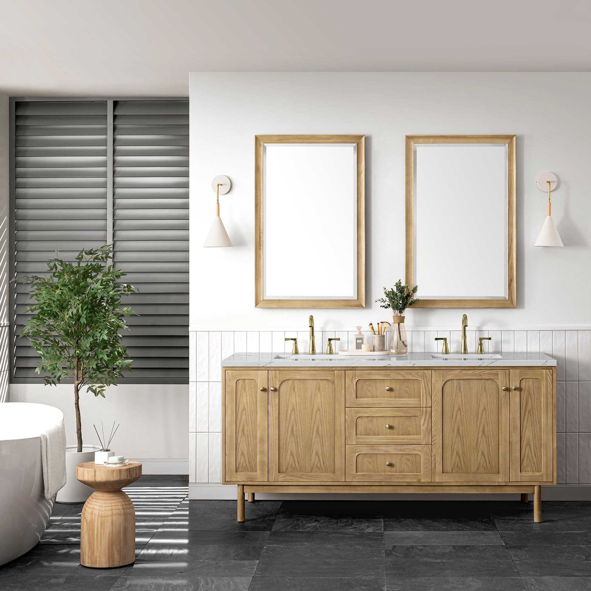 James Martin Vanities Laurent 72" Light Natural Oak Double Vanity With 3 cm Ethereal Noctis Top and FreePower Wireless Charger
