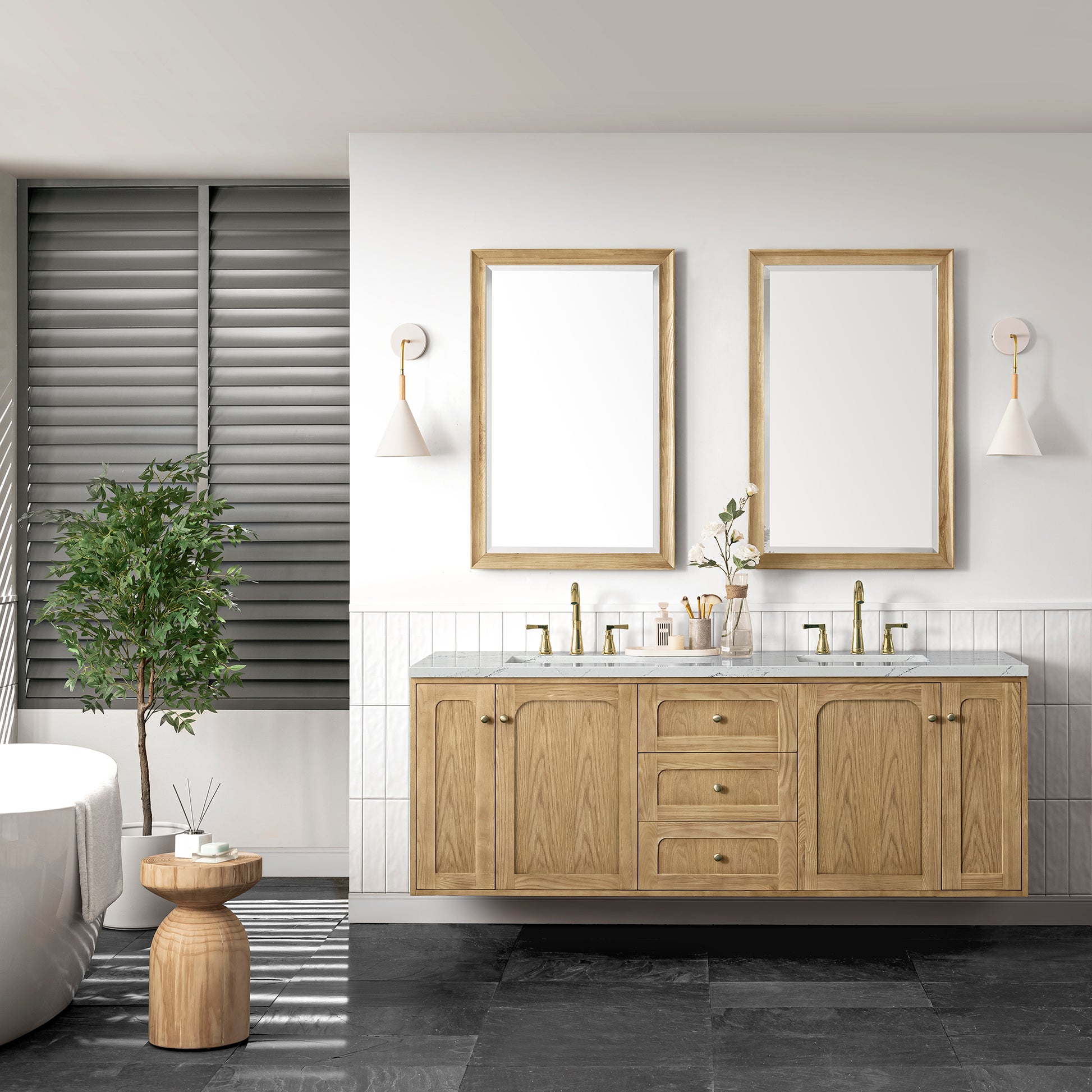 James Martin Vanities Laurent 72" Light Natural Oak Double Vanity With 3 cm Ethereal Noctis Top and FreePower Wireless Charger