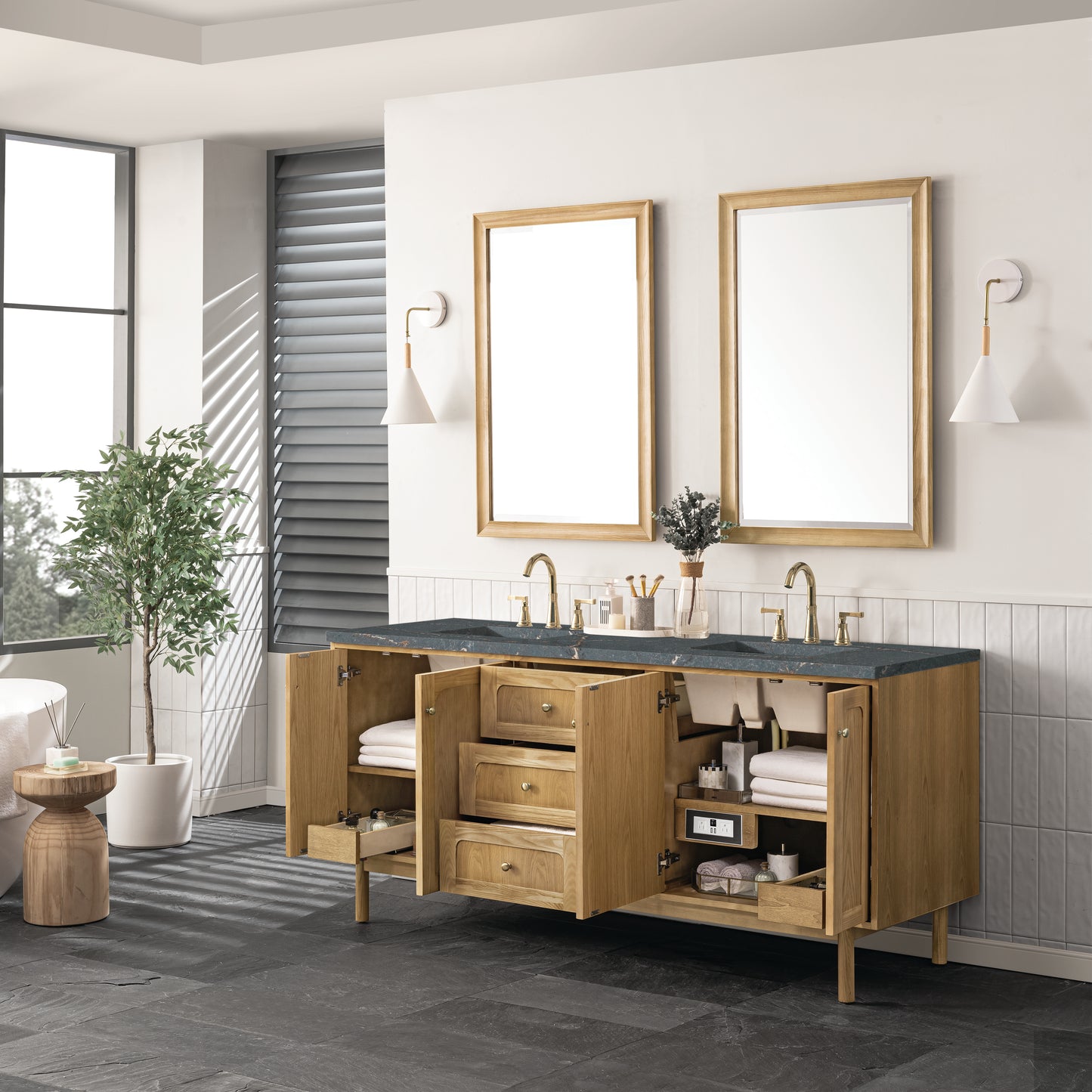 James Martin Vanities Laurent 72" Light Natural Oak Double Vanity With 3 cm Parisien Bleu Top and FreePower Wireless Charger