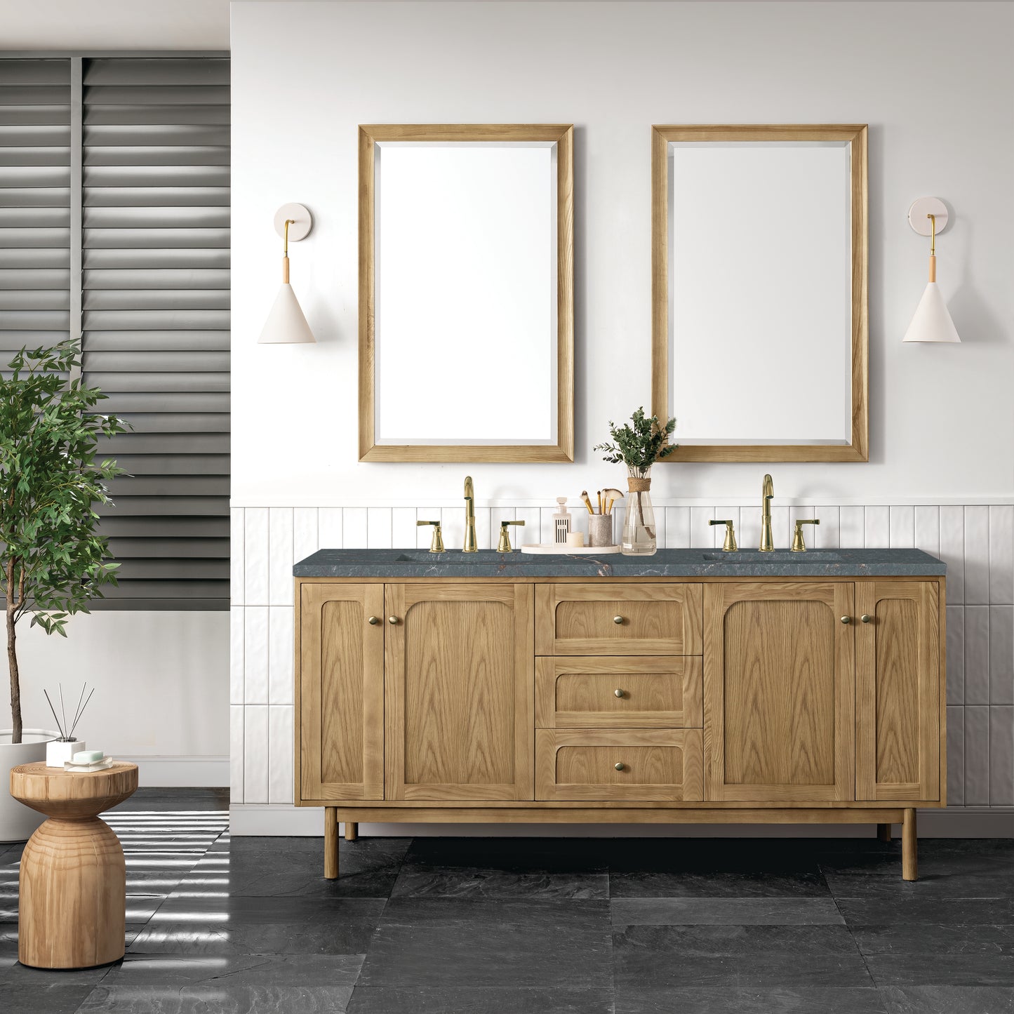 James Martin Vanities Laurent 72" Light Natural Oak Double Vanity With 3 cm Parisien Bleu Top and FreePower Wireless Charger