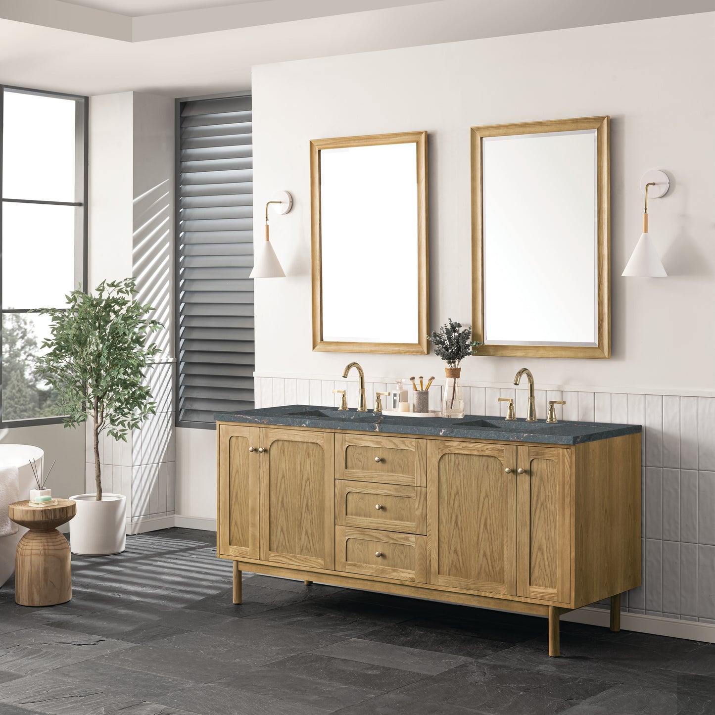James Martin Vanities Laurent 72" Light Natural Oak Double Vanity With 3 cm Parisien Bleu Top and FreePower Wireless Charger
