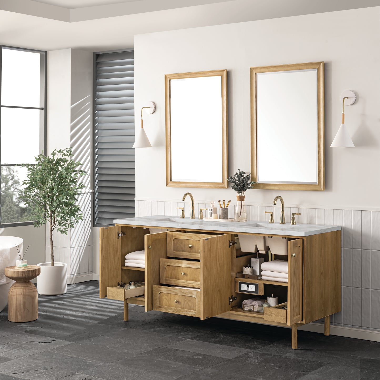 James Martin Vanities Laurent 72" Light Natural Oak Double Vanity With 3 cm Victorian Silver Top and FreePower Wireless Charger