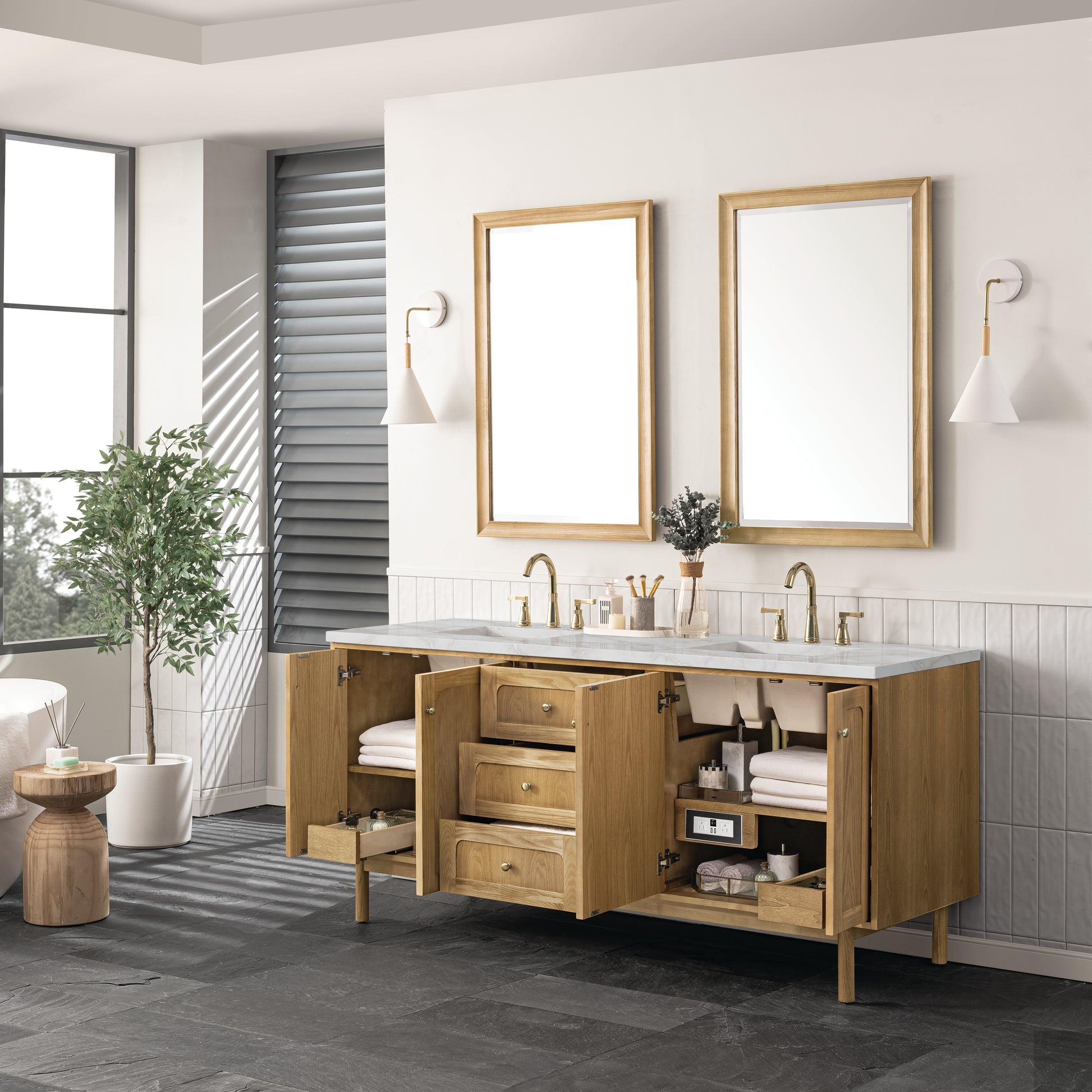 James Martin Vanities Laurent 72" Light Natural Oak Double Vanity With 3 cm Victorian Silver Top and FreePower Wireless Charger
