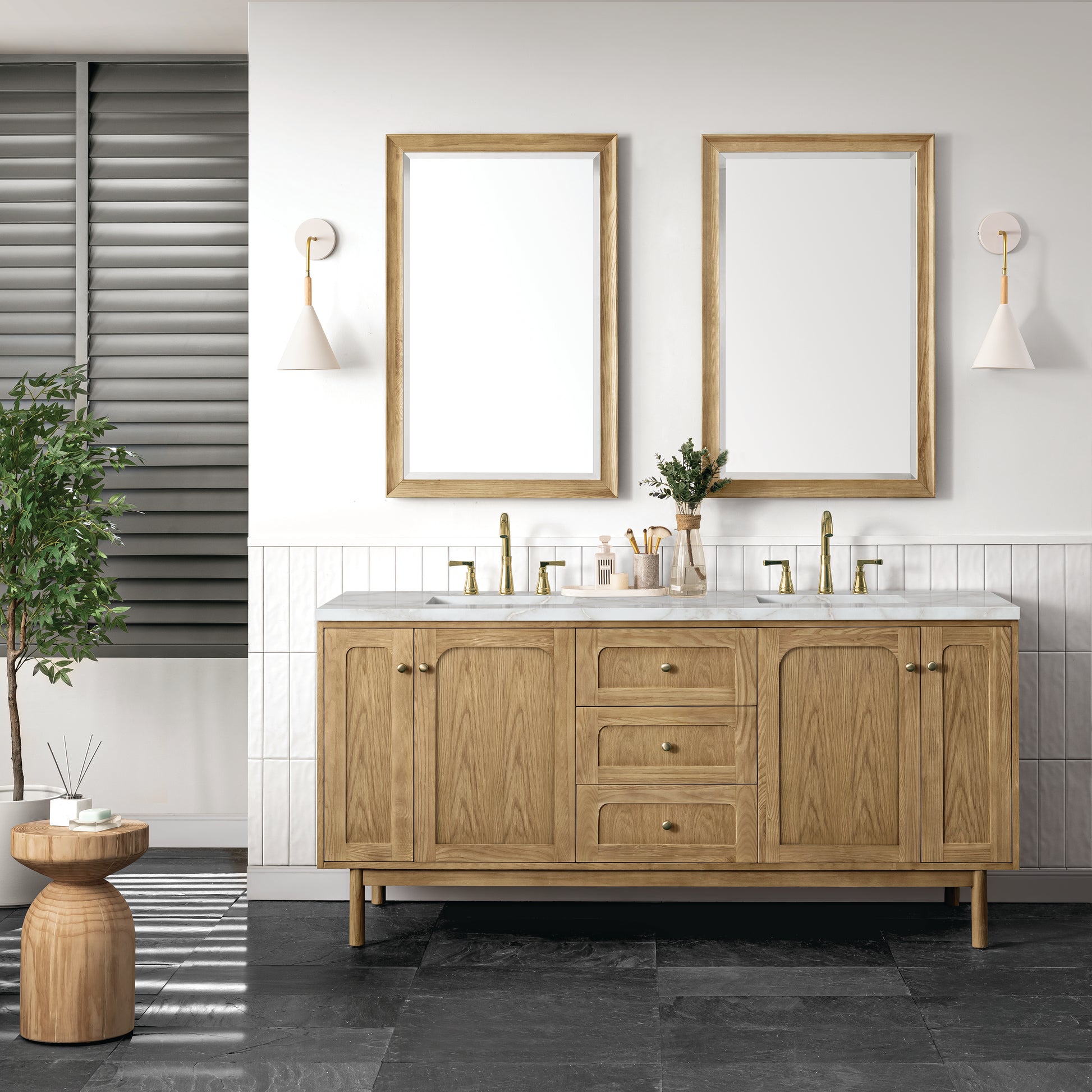 James Martin Vanities Laurent 72" Light Natural Oak Double Vanity With 3 cm Victorian Silver Top and FreePower Wireless Charger