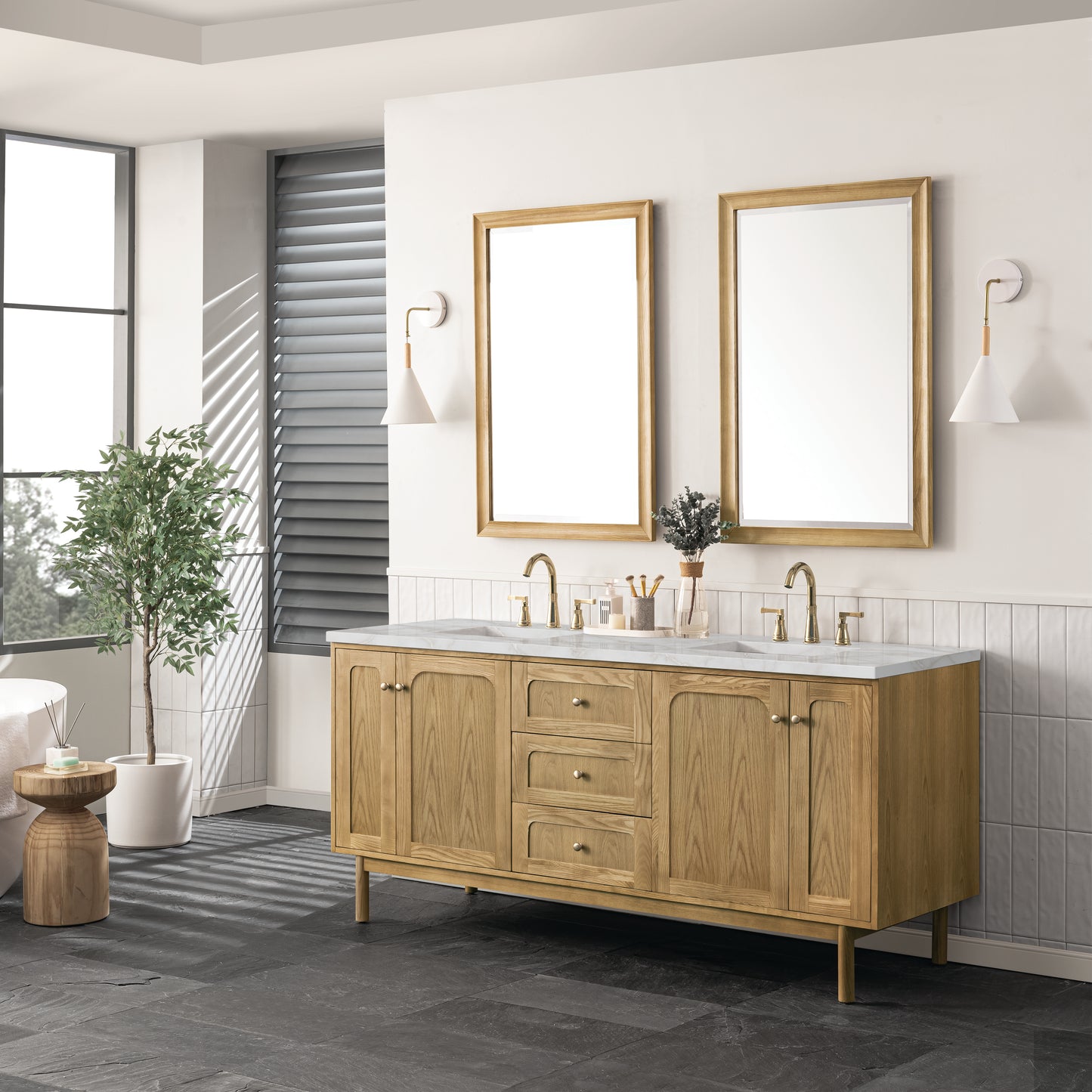 James Martin Vanities Laurent 72" Light Natural Oak Double Vanity With 3 cm Victorian Silver Top and FreePower Wireless Charger