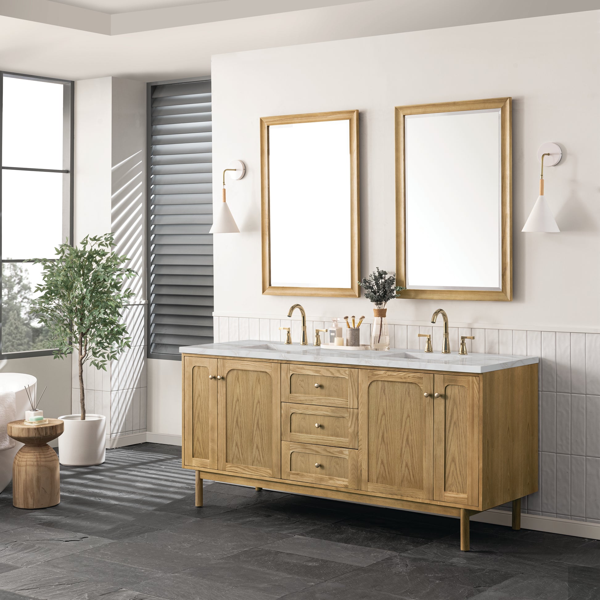 James Martin Vanities Laurent 72" Light Natural Oak Double Vanity With 3 cm Victorian Silver Top and FreePower Wireless Charger