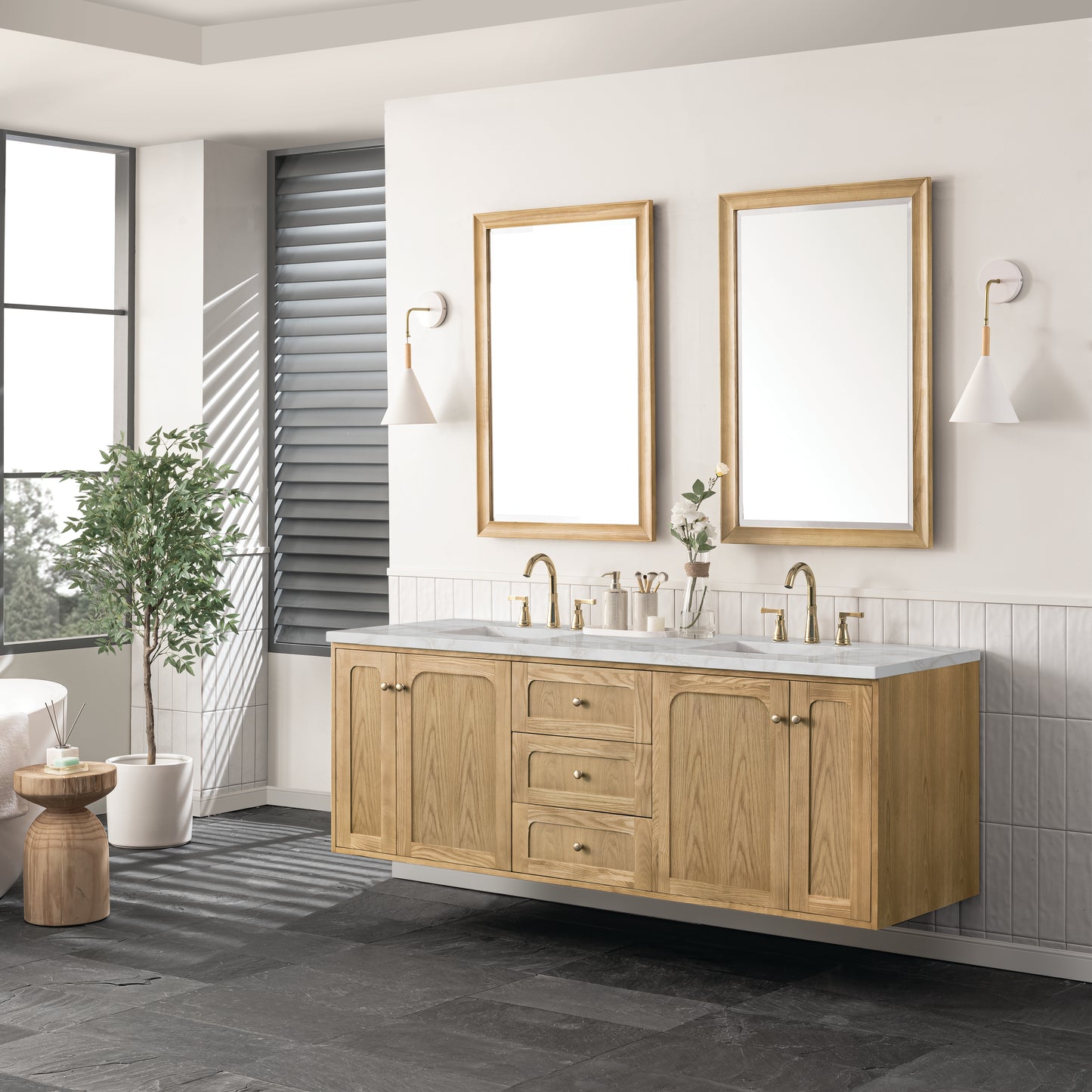 James Martin Vanities Laurent 72" Light Natural Oak Double Vanity With 3 cm Victorian Silver Top and FreePower Wireless Charger
