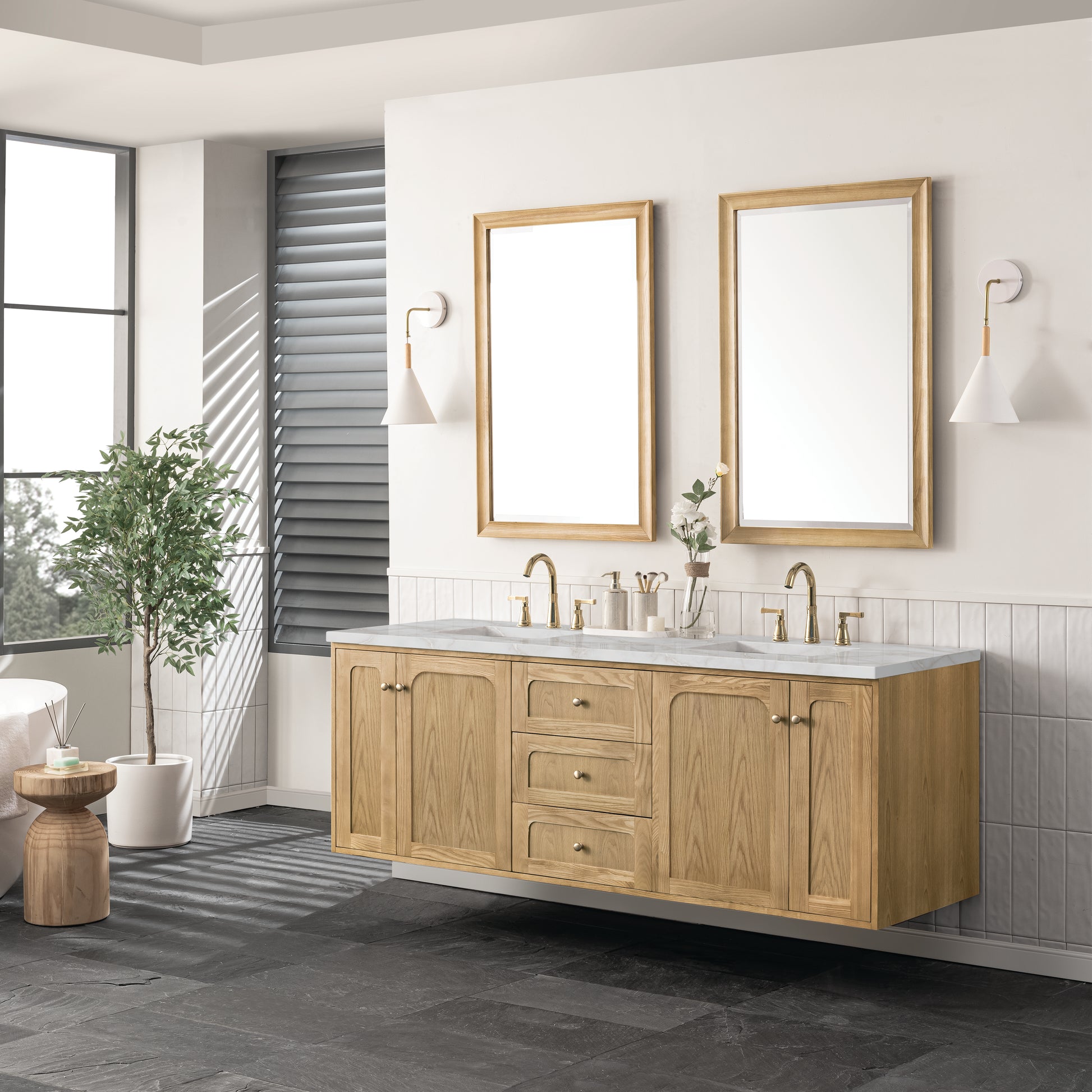 James Martin Vanities Laurent 72" Light Natural Oak Double Vanity With 3 cm Victorian Silver Top and FreePower Wireless Charger