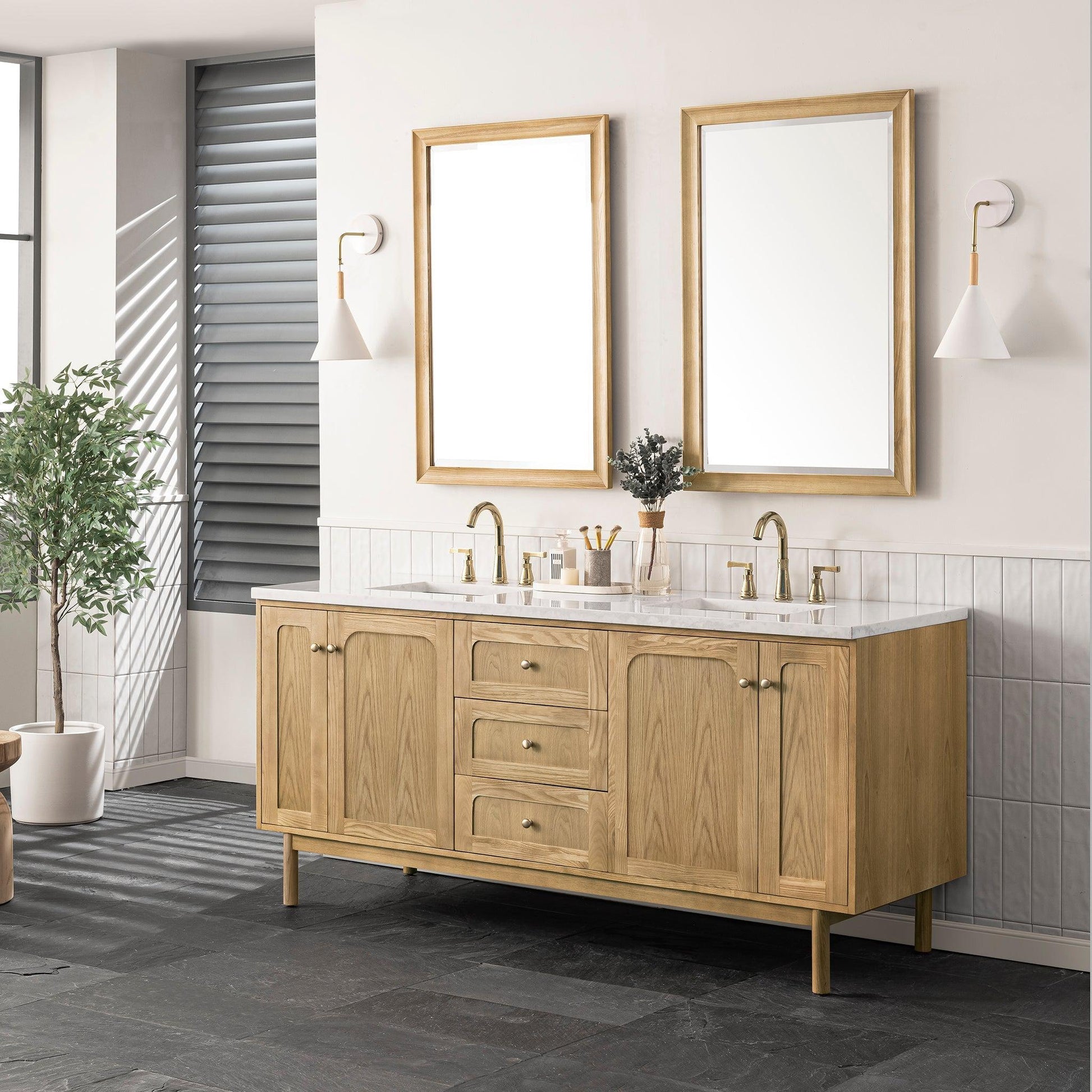 James Martin Vanities Laurent 72" Light Natural Oak Double Vanity With 3cm Arctic Fall Top