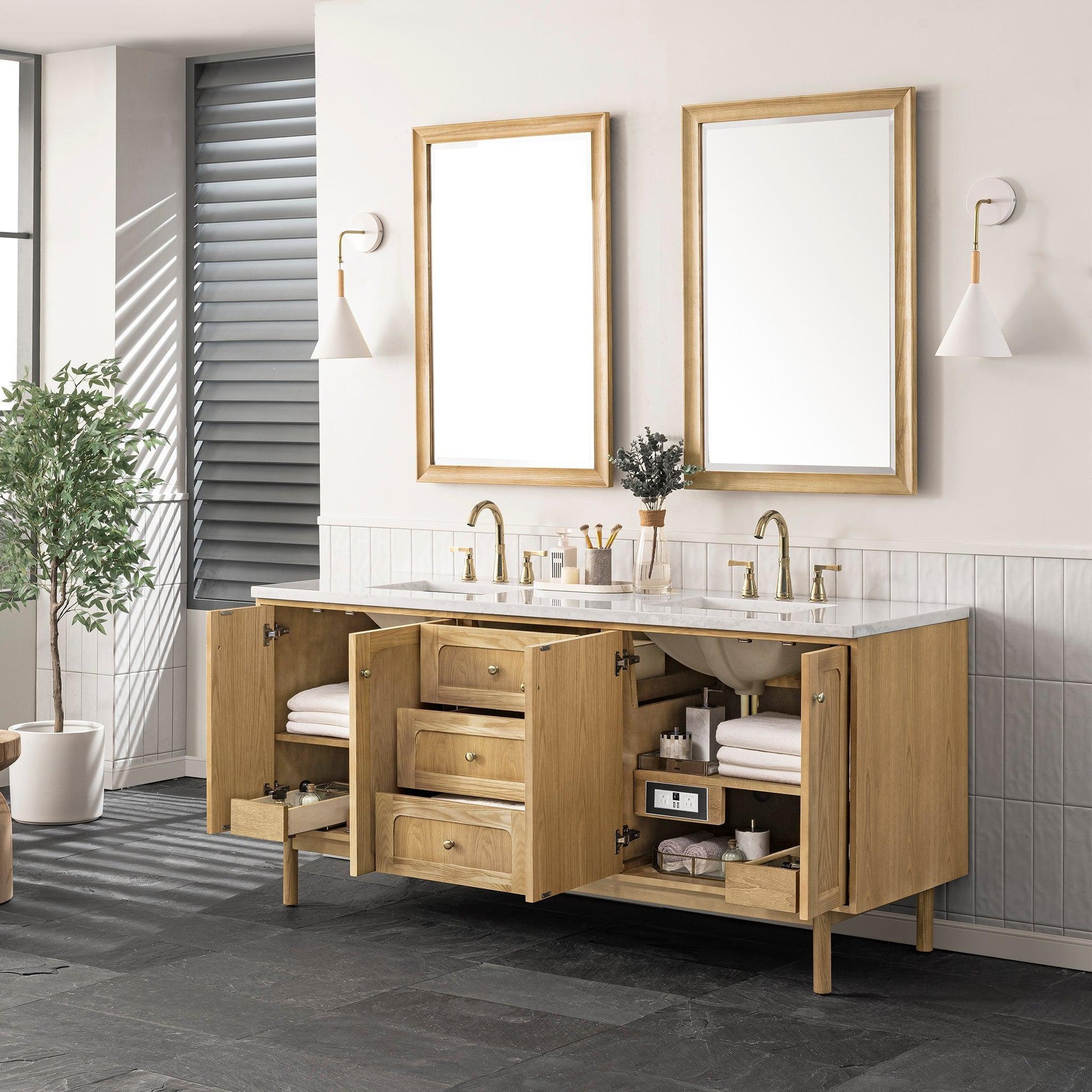 James Martin Vanities Laurent 72" Light Natural Oak Double Vanity With 3cm Arctic Fall Top