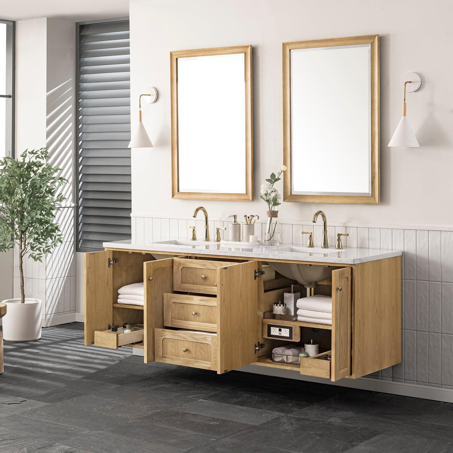 James Martin Vanities Laurent 72" Light Natural Oak Double Vanity With 3cm Arctic Fall Top