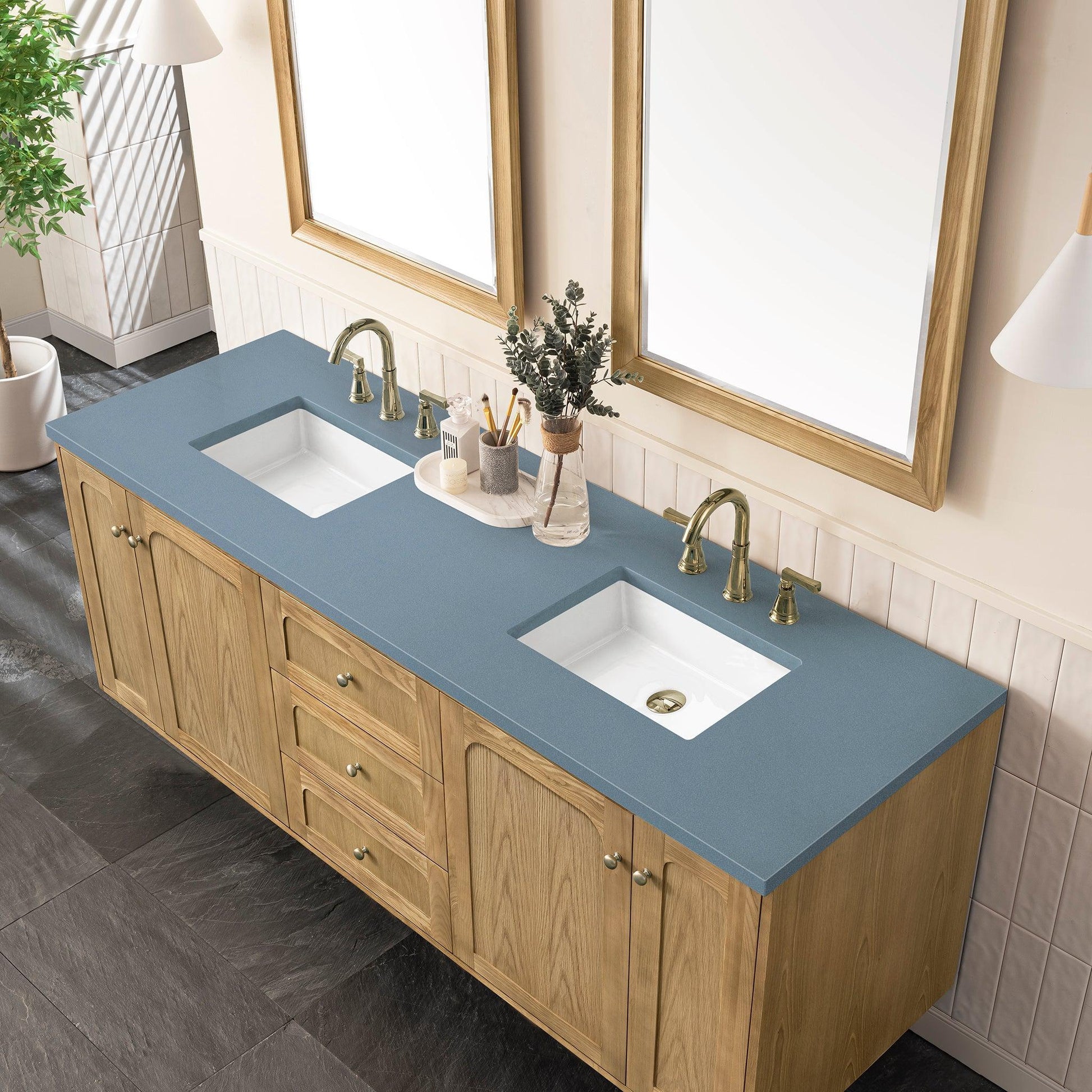 James Martin Vanities Laurent 72" Light Natural Oak Double Vanity With 3cm Cala Blue Top