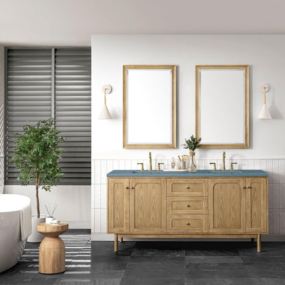 James Martin Vanities Laurent 72" Light Natural Oak Double Vanity With 3cm Cala Blue Top