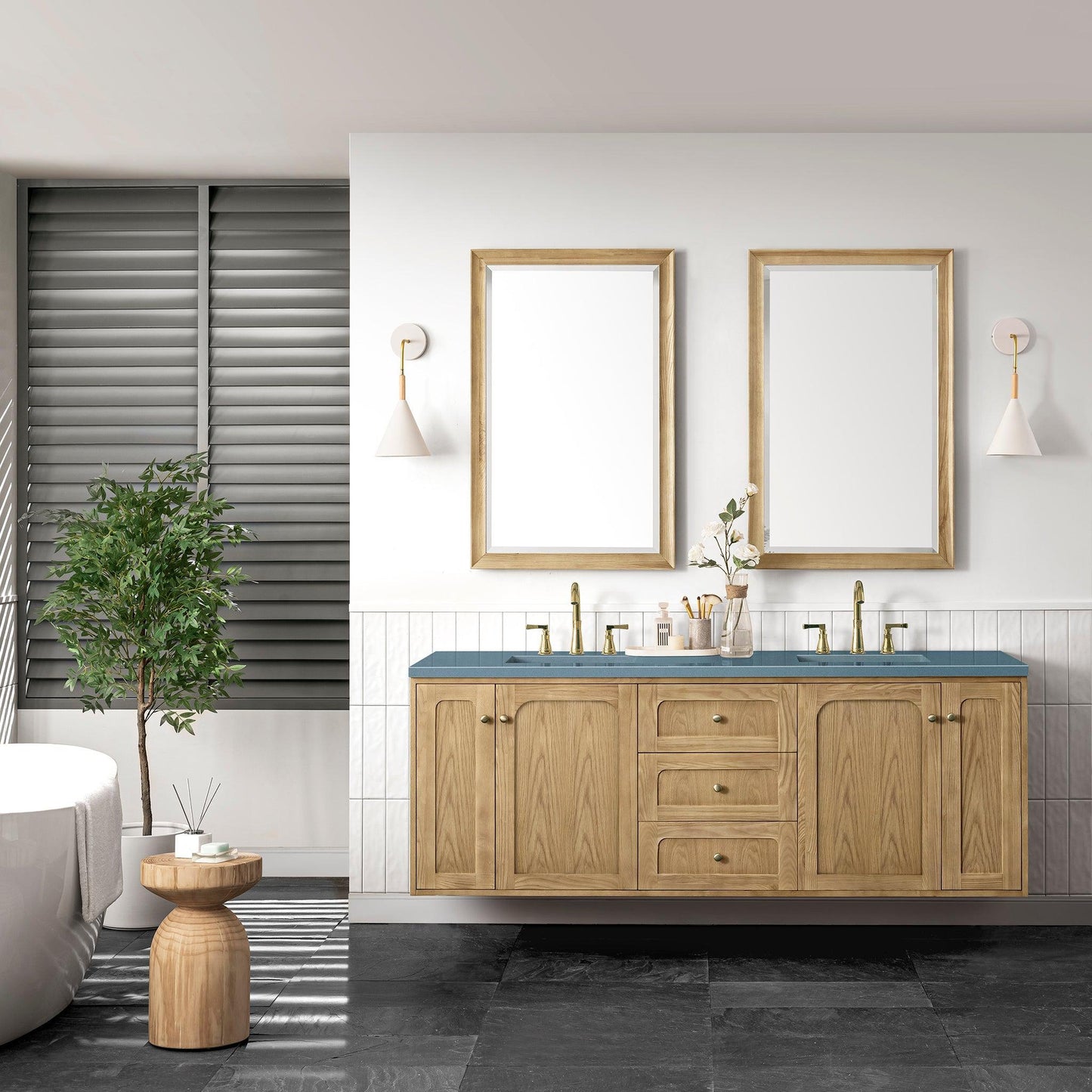 James Martin Vanities Laurent 72" Light Natural Oak Double Vanity With 3cm Cala Blue Top