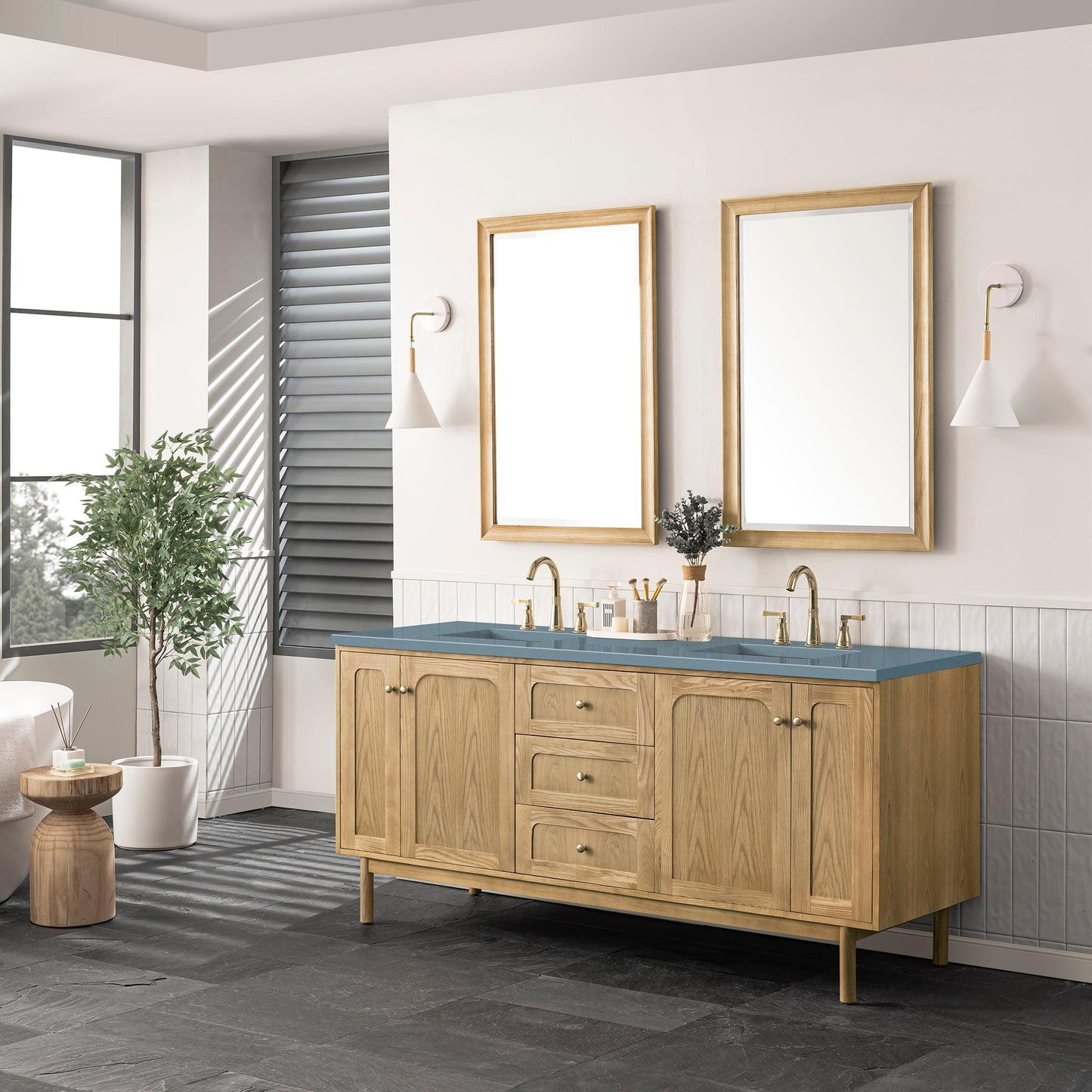 James Martin Vanities Laurent 72" Light Natural Oak Double Vanity With 3cm Cala Blue Top