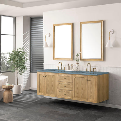 James Martin Vanities Laurent 72" Light Natural Oak Double Vanity With 3cm Cala Blue Top