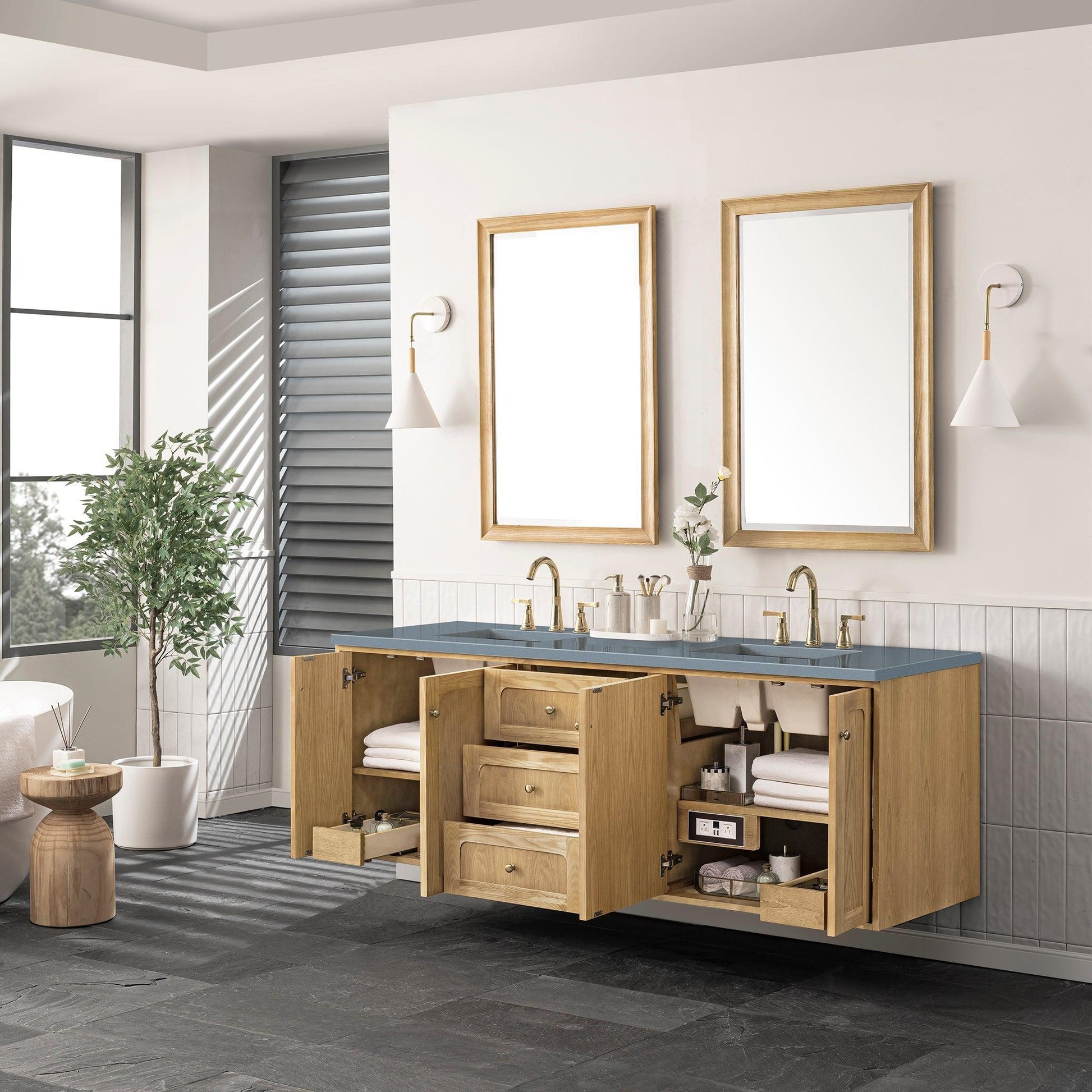 James Martin Vanities Laurent 72" Light Natural Oak Double Vanity With 3cm Cala Blue Top