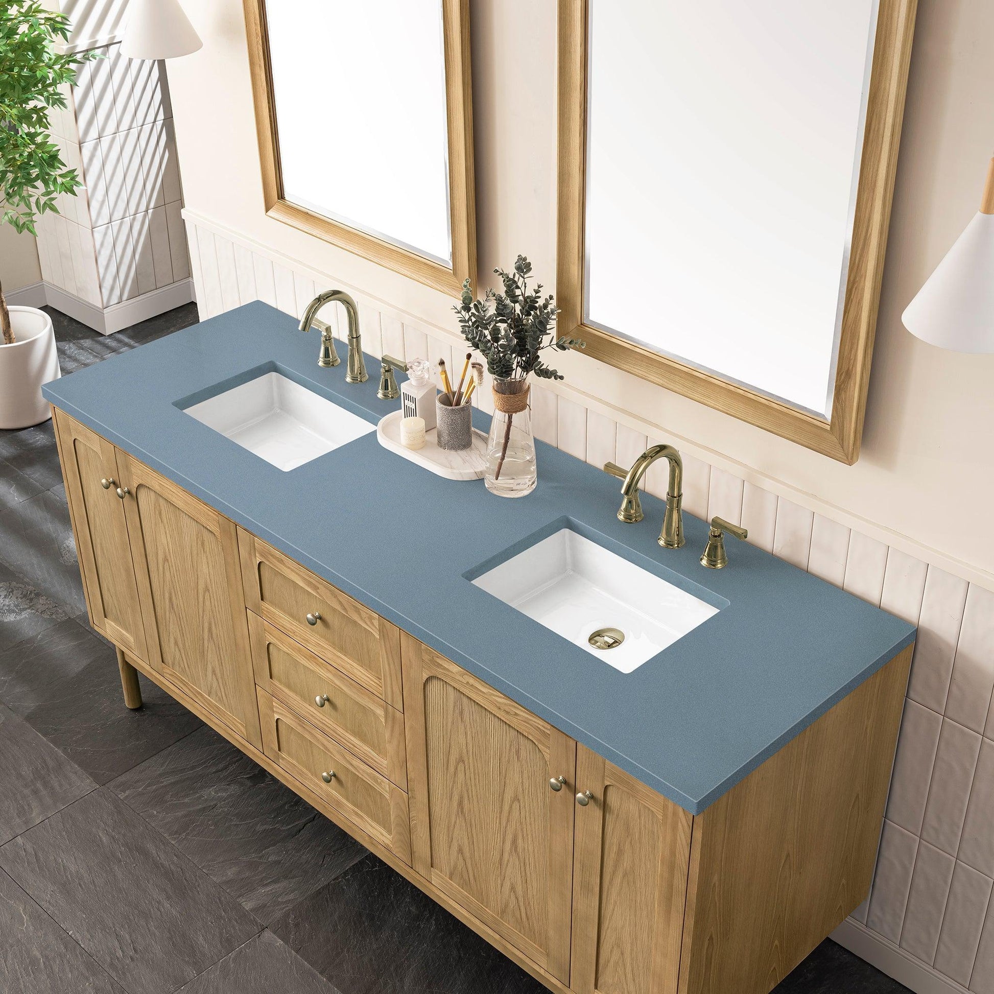 James Martin Vanities Laurent 72" Light Natural Oak Double Vanity With 3cm Cala Blue Top