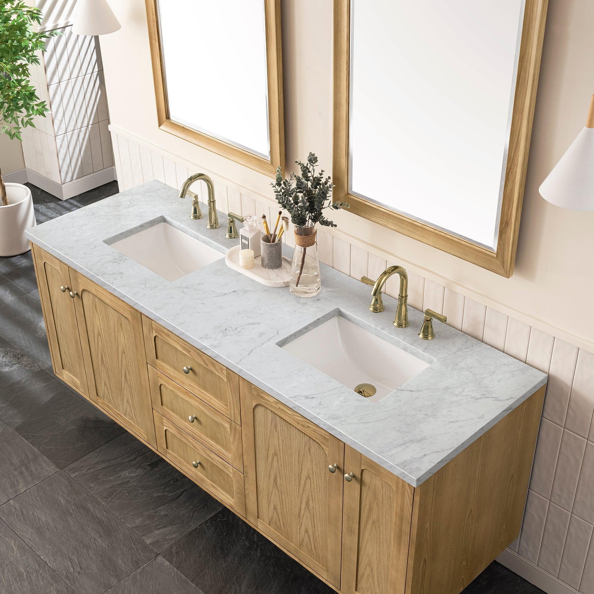 James Martin Vanities Laurent 72" Light Natural Oak Double Vanity With 3cm Carrara Marble Top