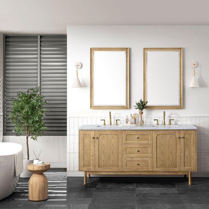 James Martin Vanities Laurent 72" Light Natural Oak Double Vanity With 3cm Carrara Marble Top