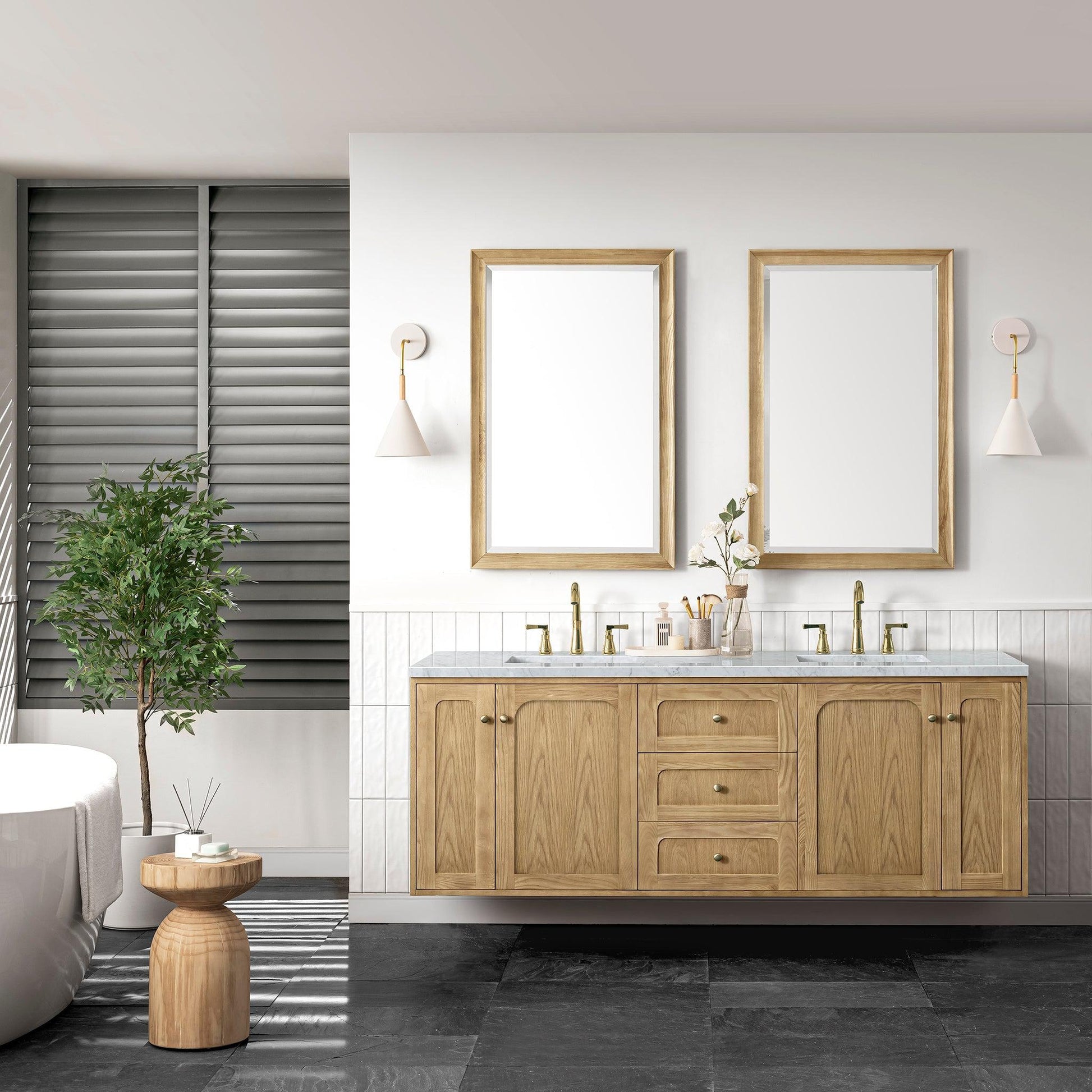 James Martin Vanities Laurent 72" Light Natural Oak Double Vanity With 3cm Carrara Marble Top