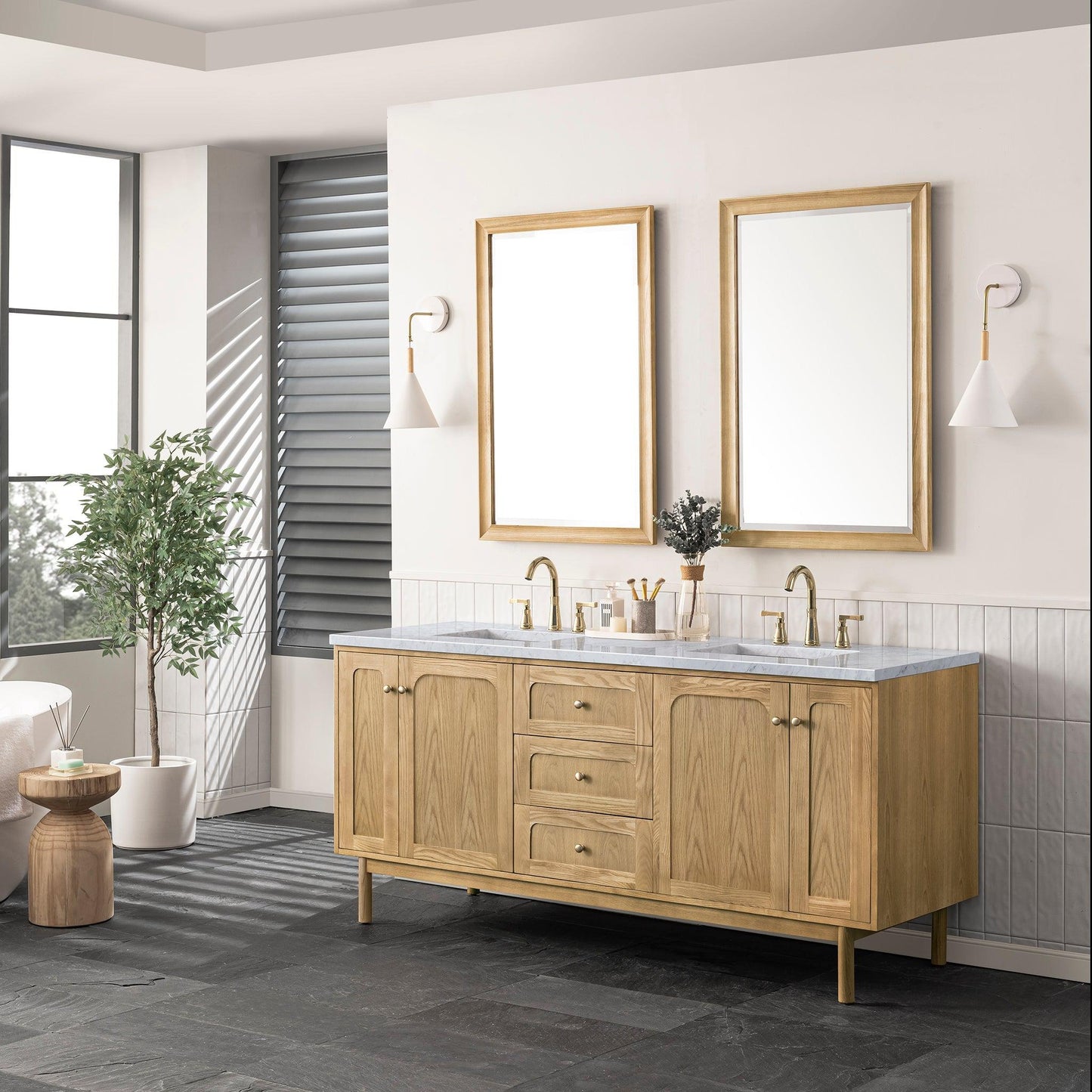 James Martin Vanities Laurent 72" Light Natural Oak Double Vanity With 3cm Carrara Marble Top