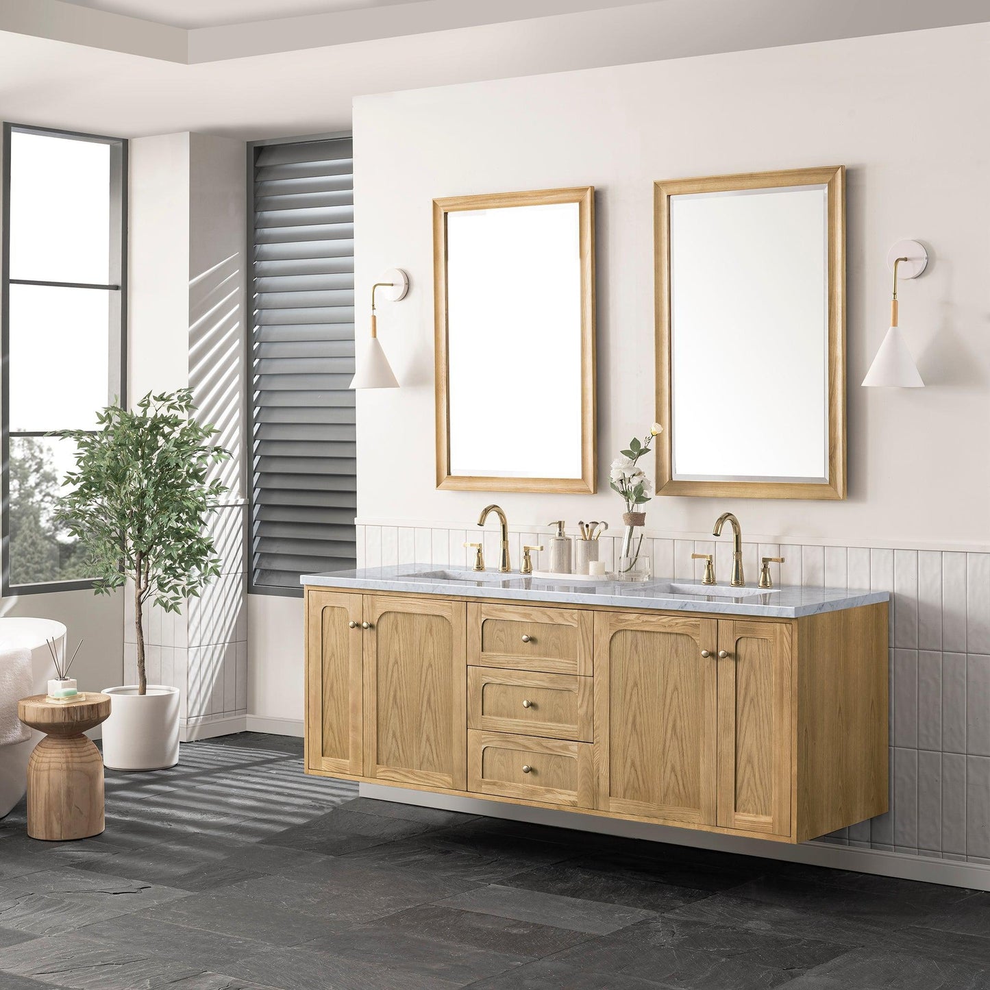 James Martin Vanities Laurent 72" Light Natural Oak Double Vanity With 3cm Carrara Marble Top