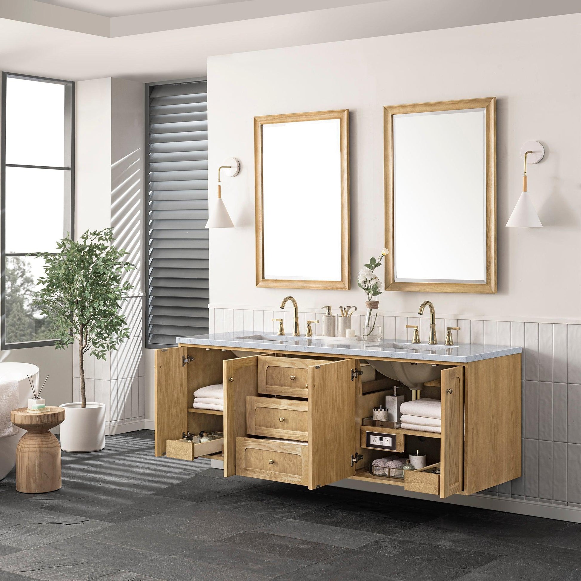 James Martin Vanities Laurent 72" Light Natural Oak Double Vanity With 3cm Carrara Marble Top