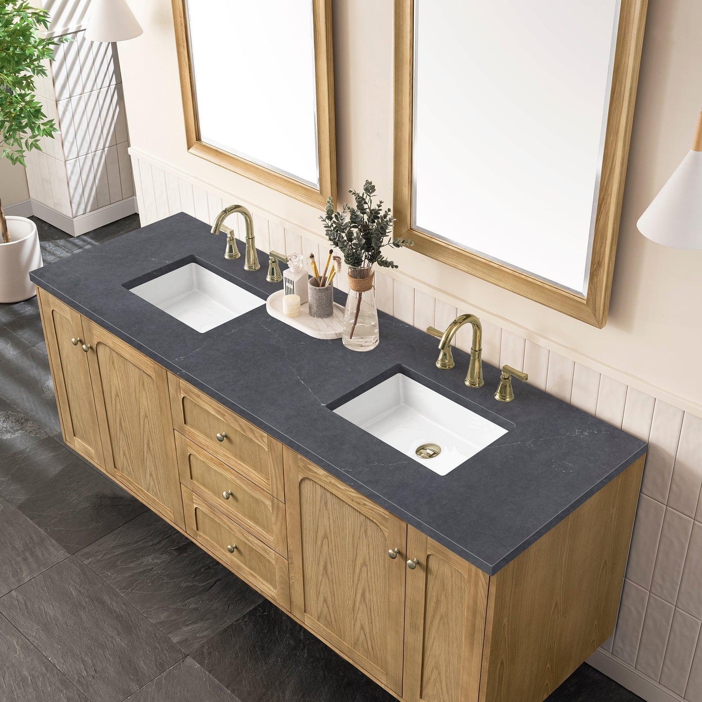 James Martin Vanities Laurent 72" Light Natural Oak Double Vanity With 3cm Charcoal Soapstone Top