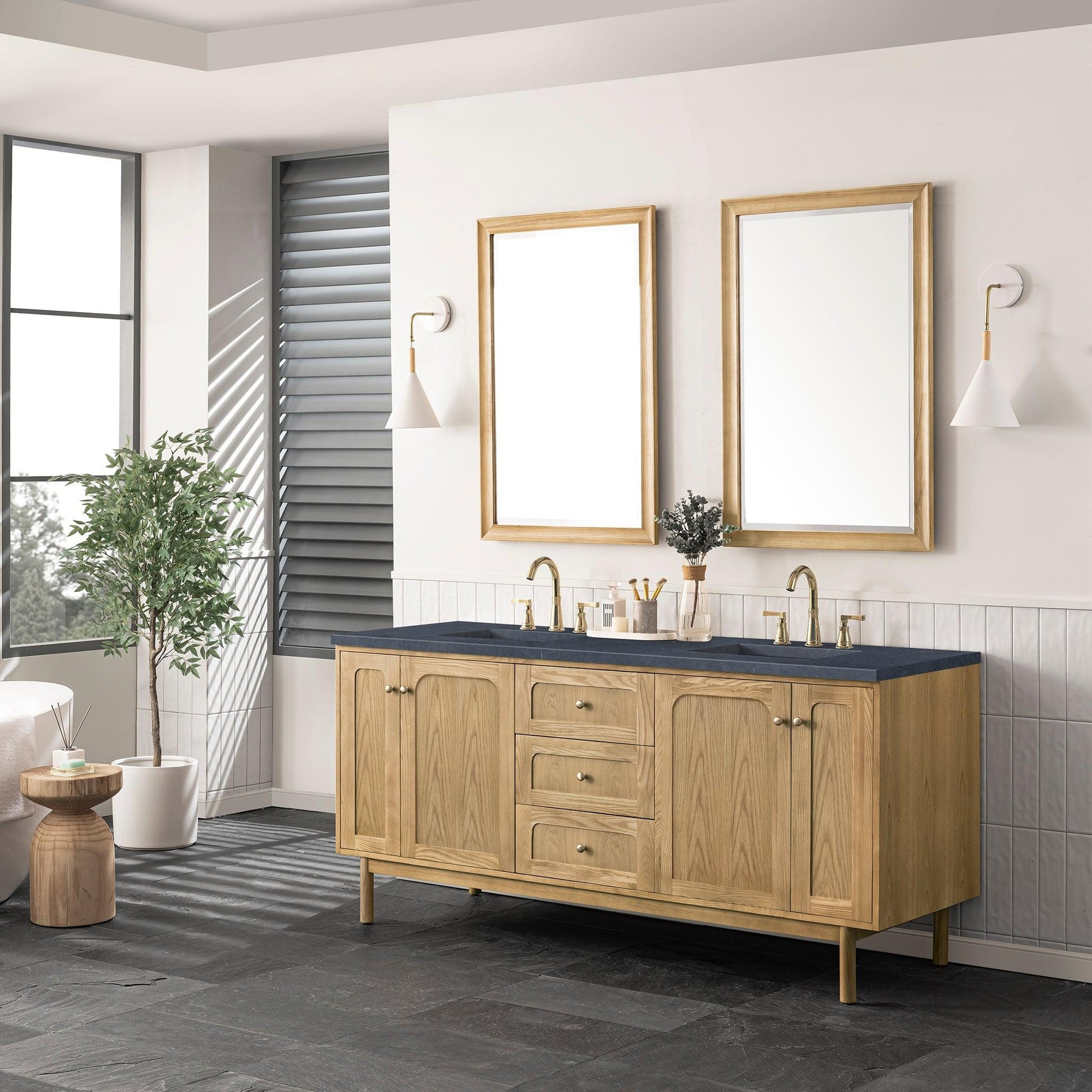 James Martin Vanities Laurent 72" Light Natural Oak Double Vanity With 3cm Charcoal Soapstone Top