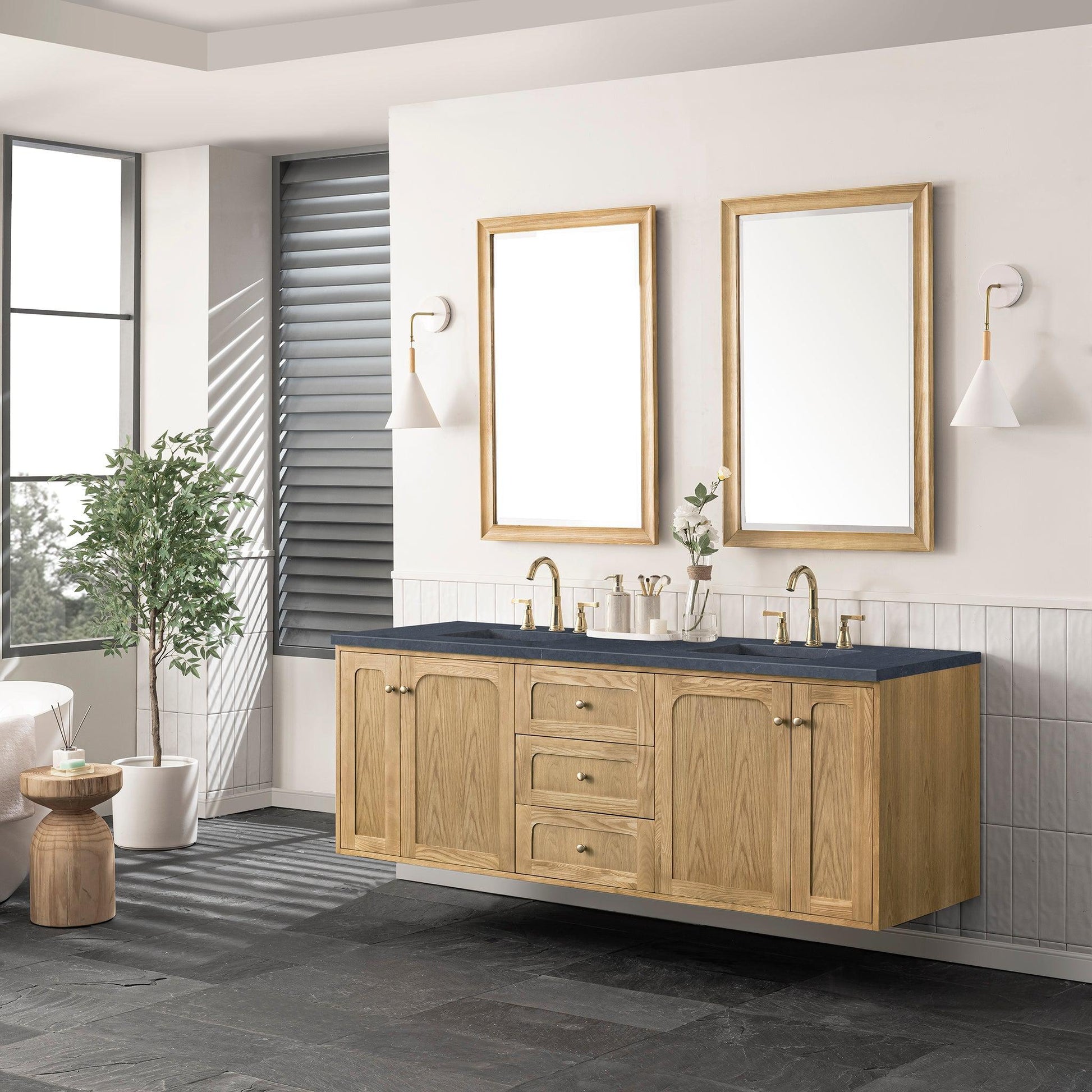 James Martin Vanities Laurent 72" Light Natural Oak Double Vanity With 3cm Charcoal Soapstone Top