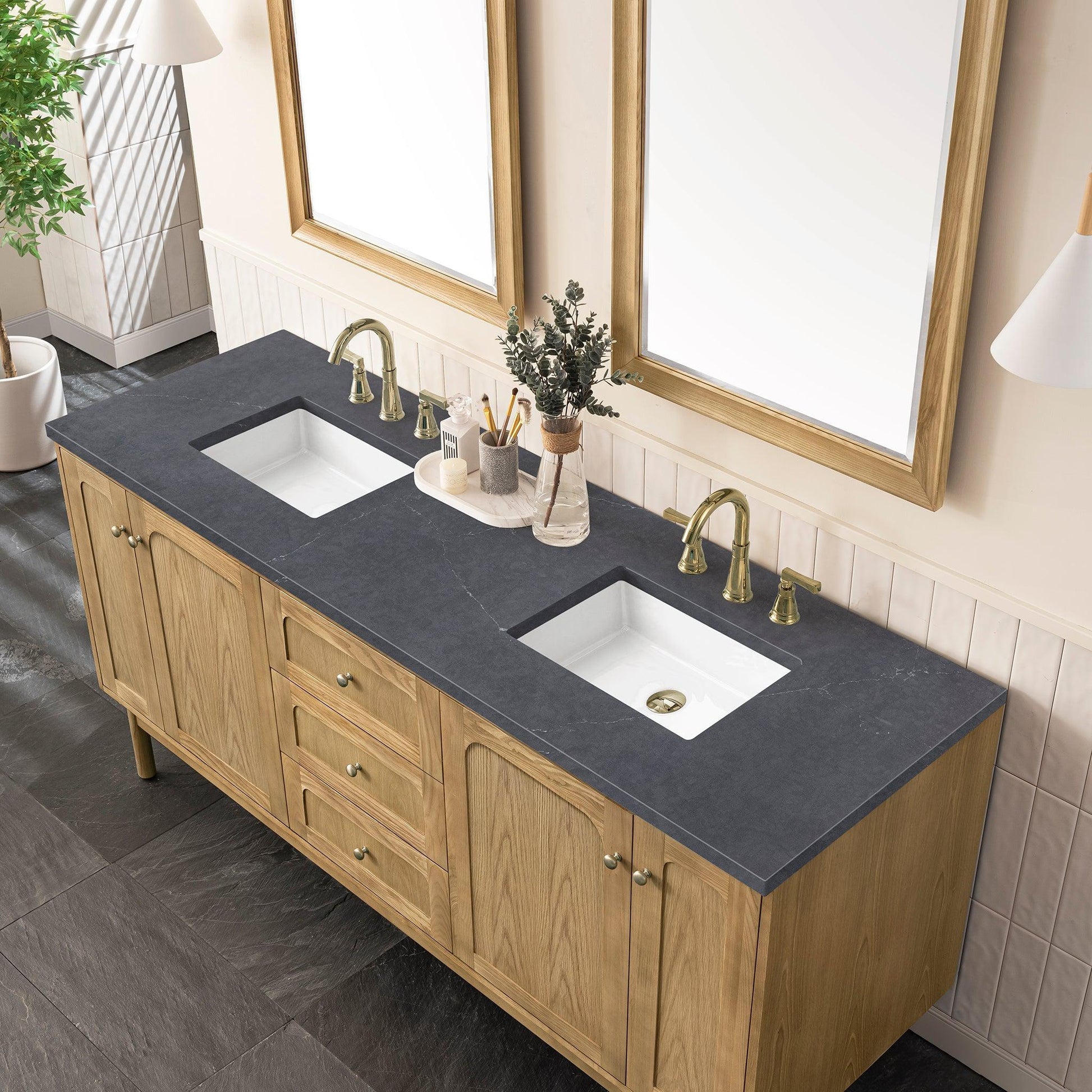 James Martin Vanities Laurent 72" Light Natural Oak Double Vanity With 3cm Charcoal Soapstone Top