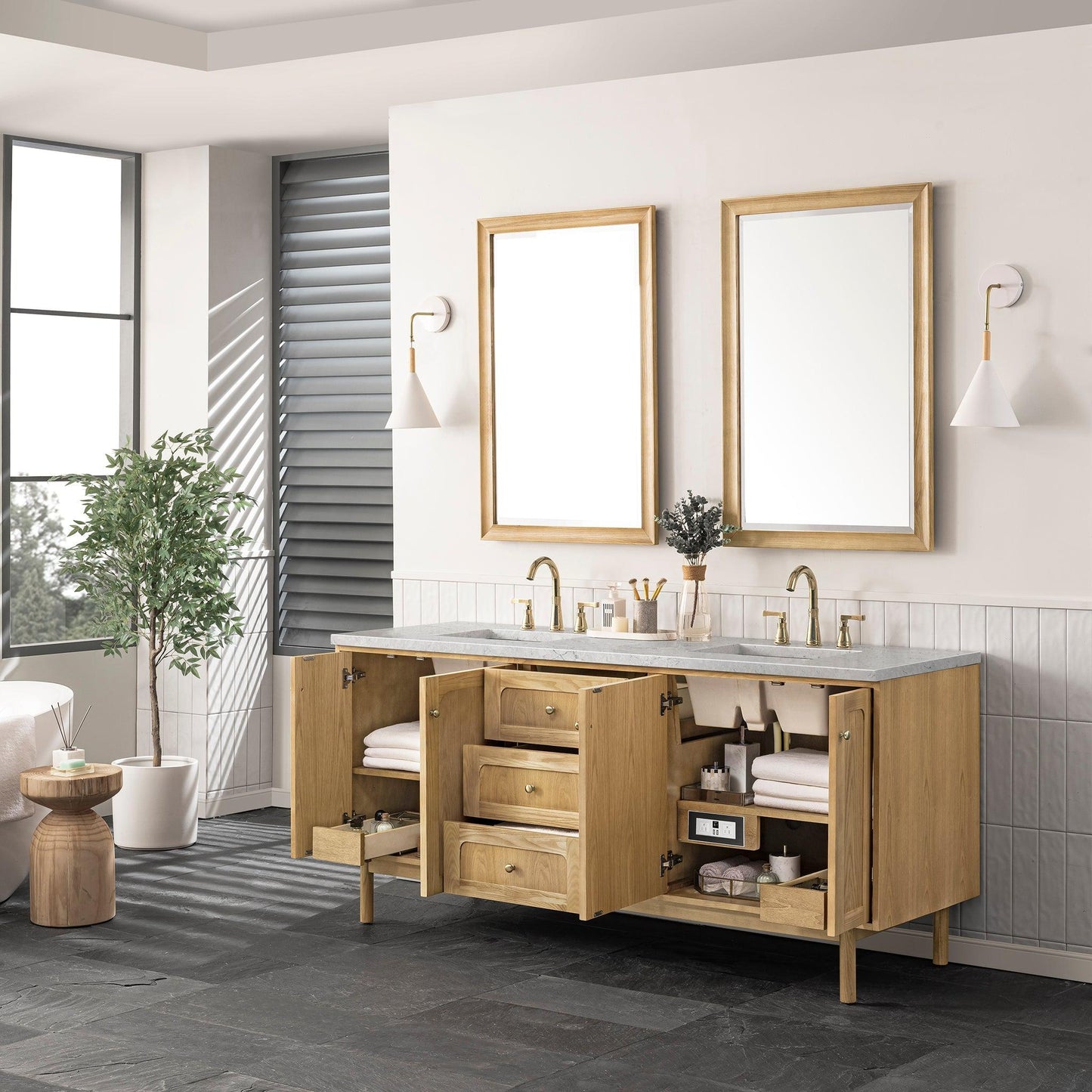 James Martin Vanities Laurent 72" Light Natural Oak Double Vanity With 3cm Eternal Jasmine Pearl Top