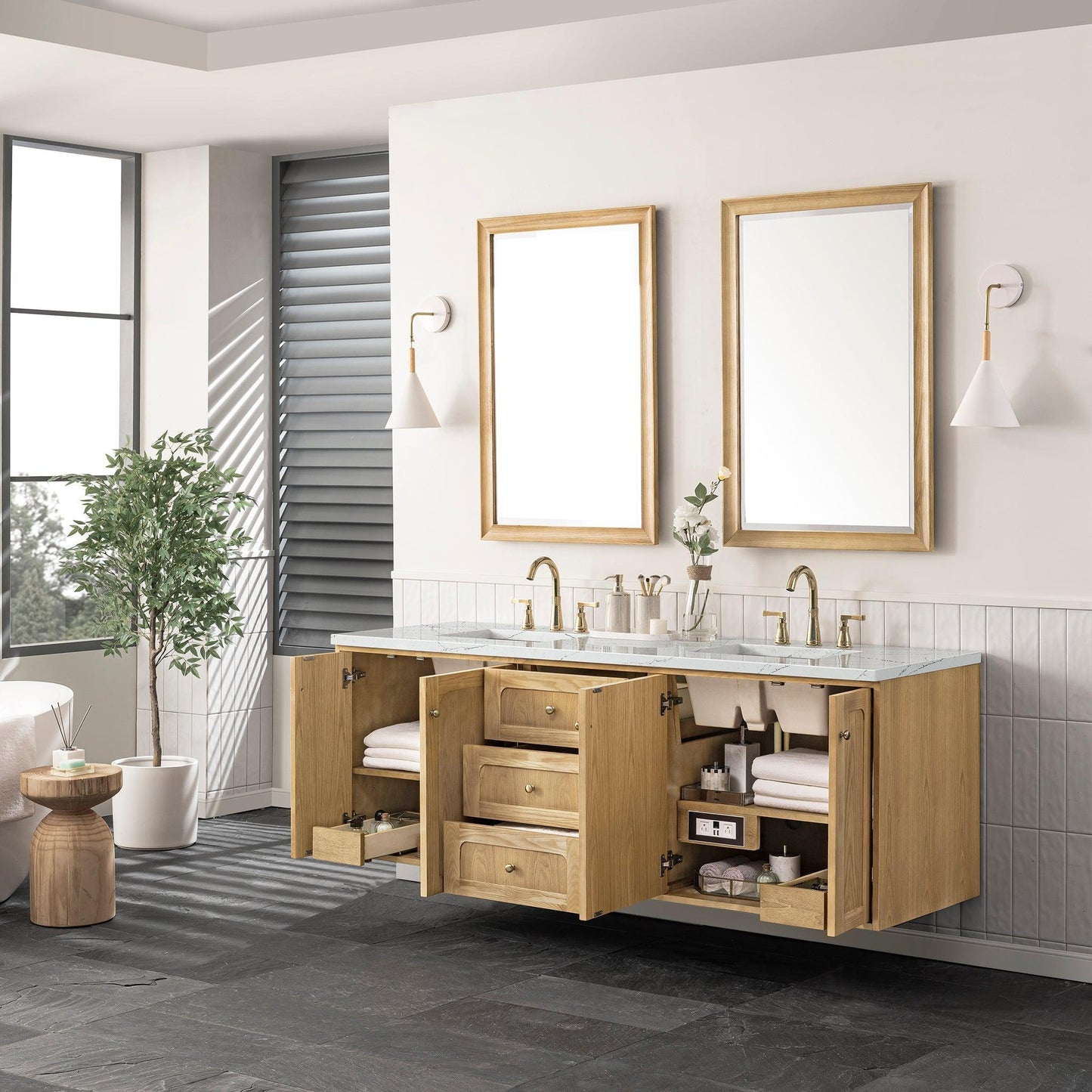 James Martin Vanities Laurent 72" Light Natural Oak Double Vanity With 3cm Ethereal Noctis Top